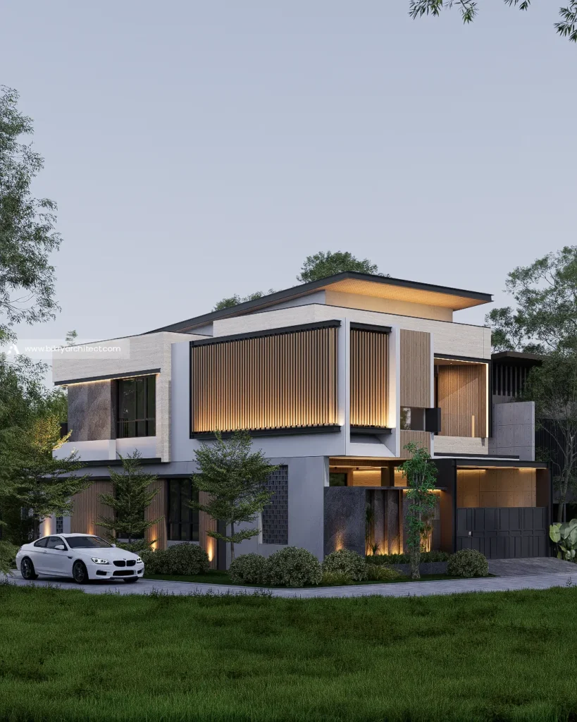 Perspektif G House Jawa Tengah, rumah modern kontemporer 2 lantai dengan kisi kayu bercahaya dan dinding travertin