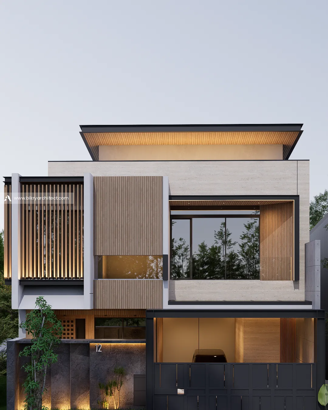 Fasad rumah modern kontemporer dengan bingkai jendela besar, panel kayu, dan atap datar melayang