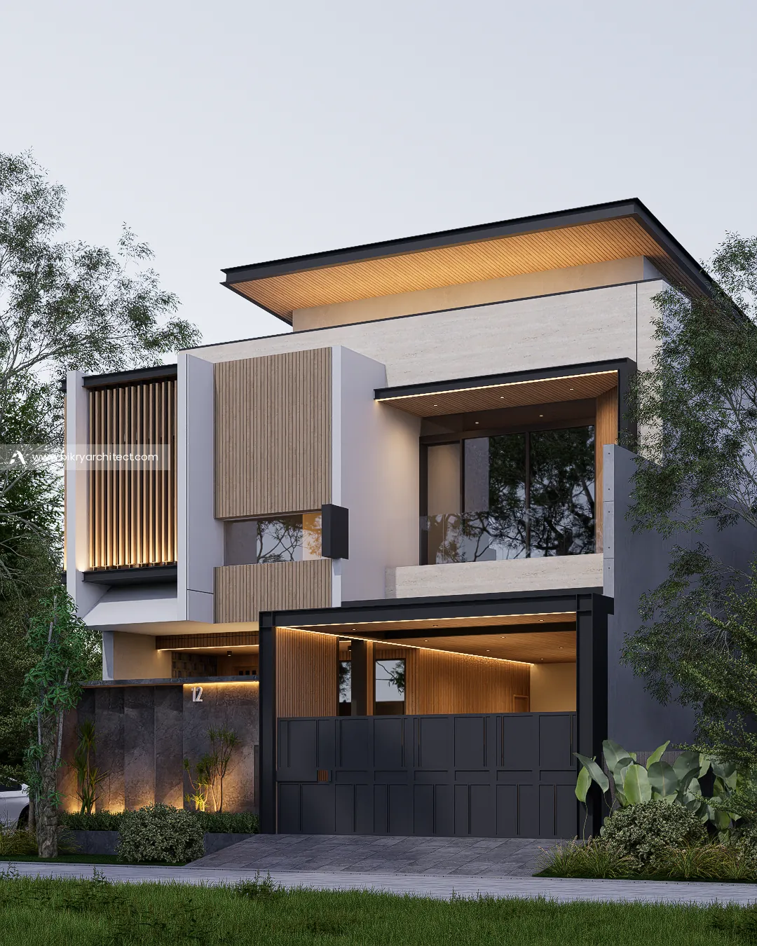 Fasad rumah 2 lantai dengan kisi kayu vertikal, balkon, dan lampu tersembunyi