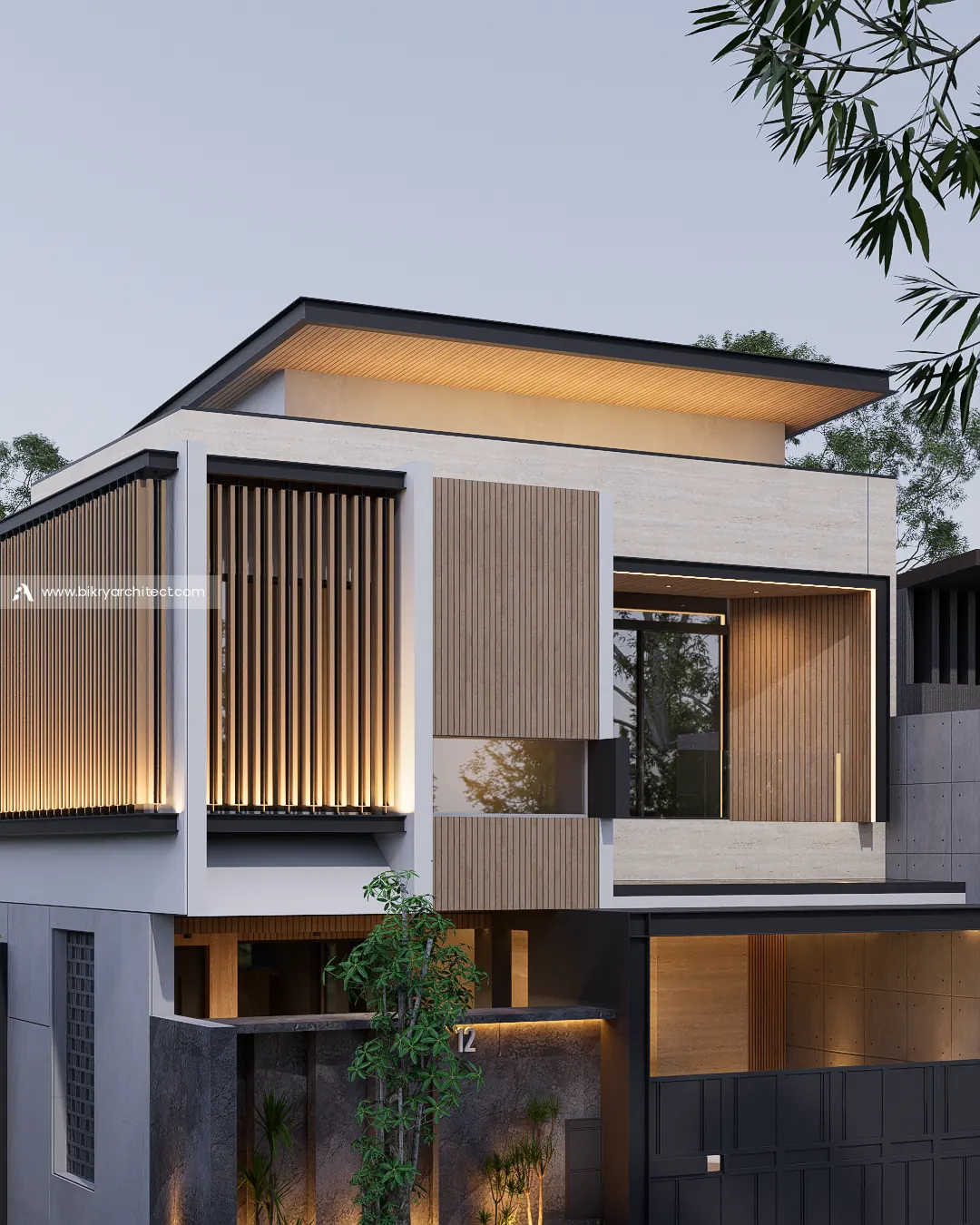 Detail fasad lantai atas dengan kisi kayu vertikal, panel kayu, dan bingkai putih