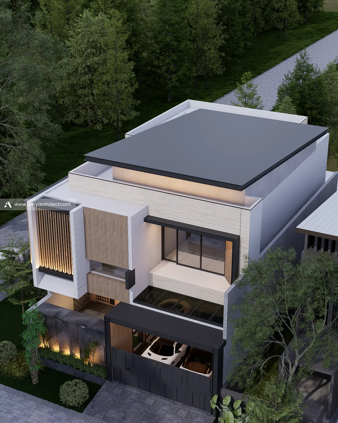 Tampak atas G House dengan atap datar, carport, dan kisi kayu di fasad