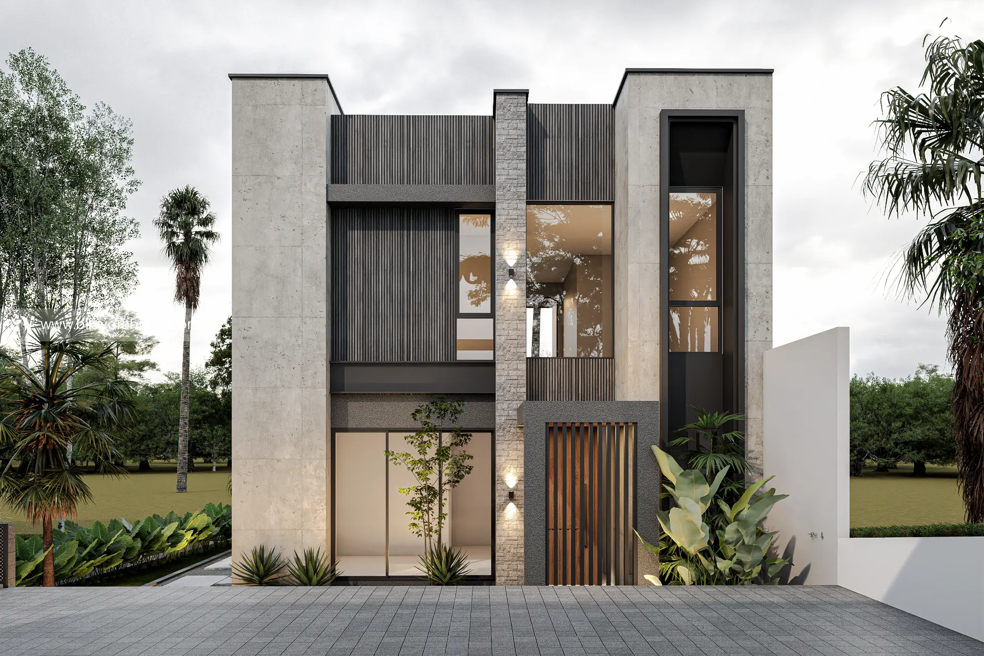Tampak depan I House Lombok Timur, rumah modern kontemporer 2 lantai dengan kolom beton, batu alam, dan panel kisi kayu