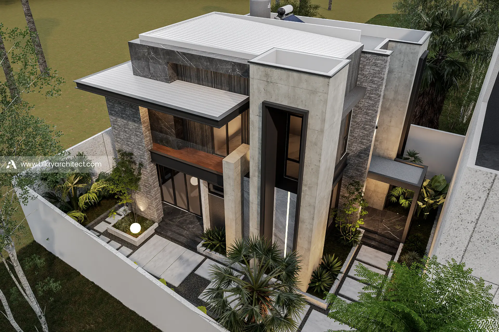 Tampak atas rumah modern kontemporer 2 lantai dengan kolom beton tinggi, jendela vertikal, dan taman tropis
