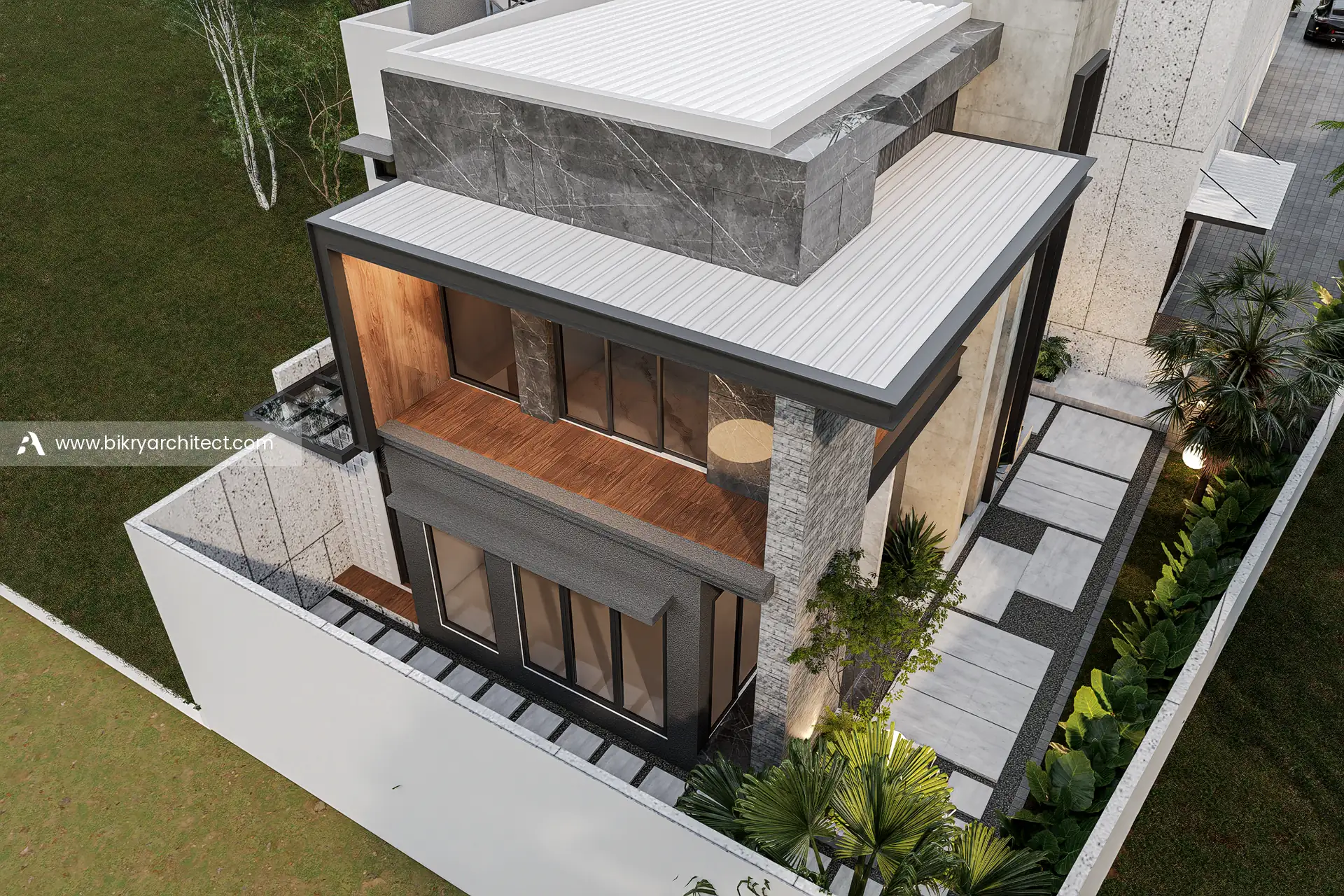 Perspektif atas balkon berlantai kayu dengan bingkai abu gelap dan atap datar putih