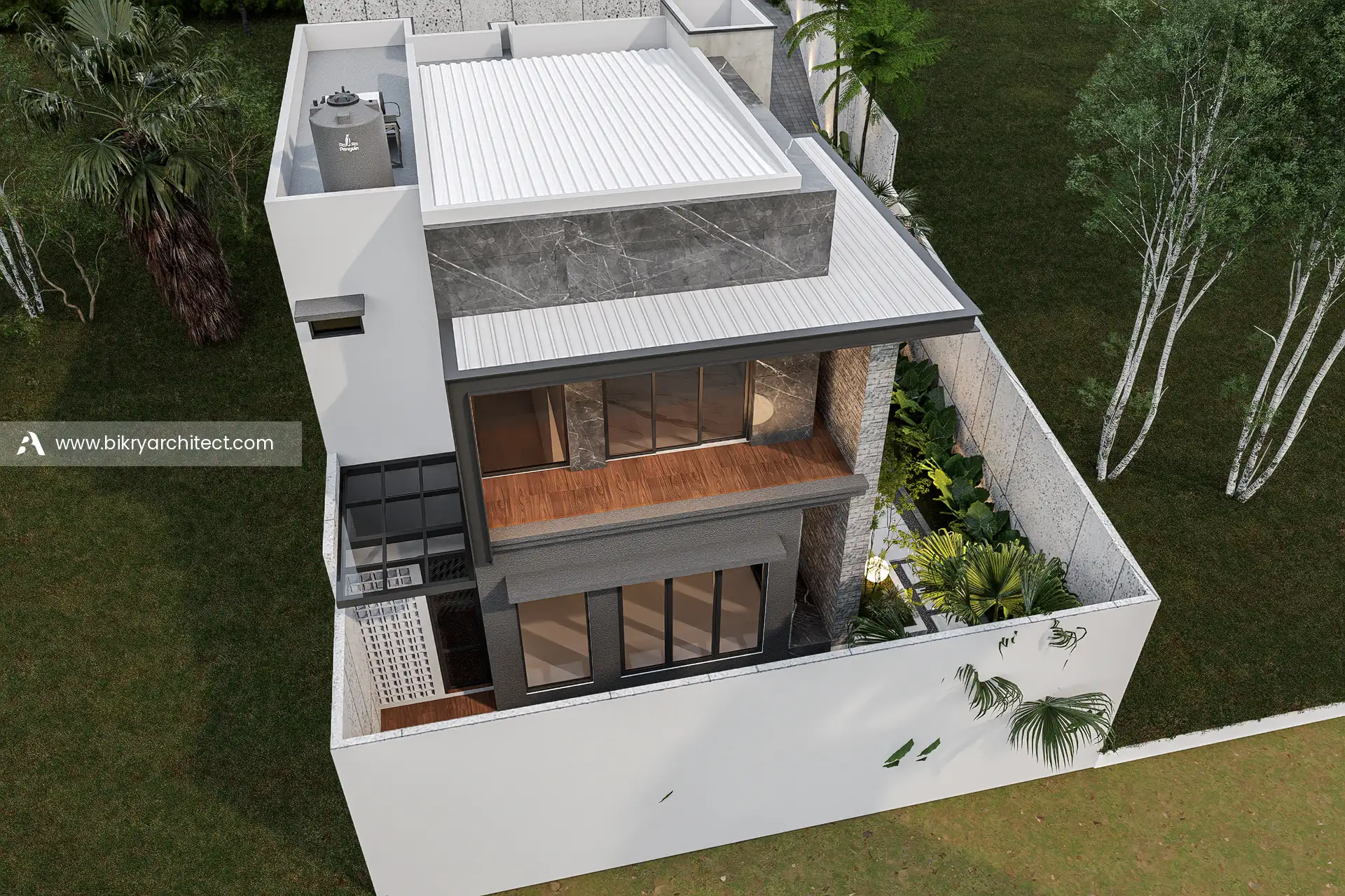 Tampak atas I House dengan atap datar bertingkat, balkon kayu, dan taman di sepanjang dinding pagar