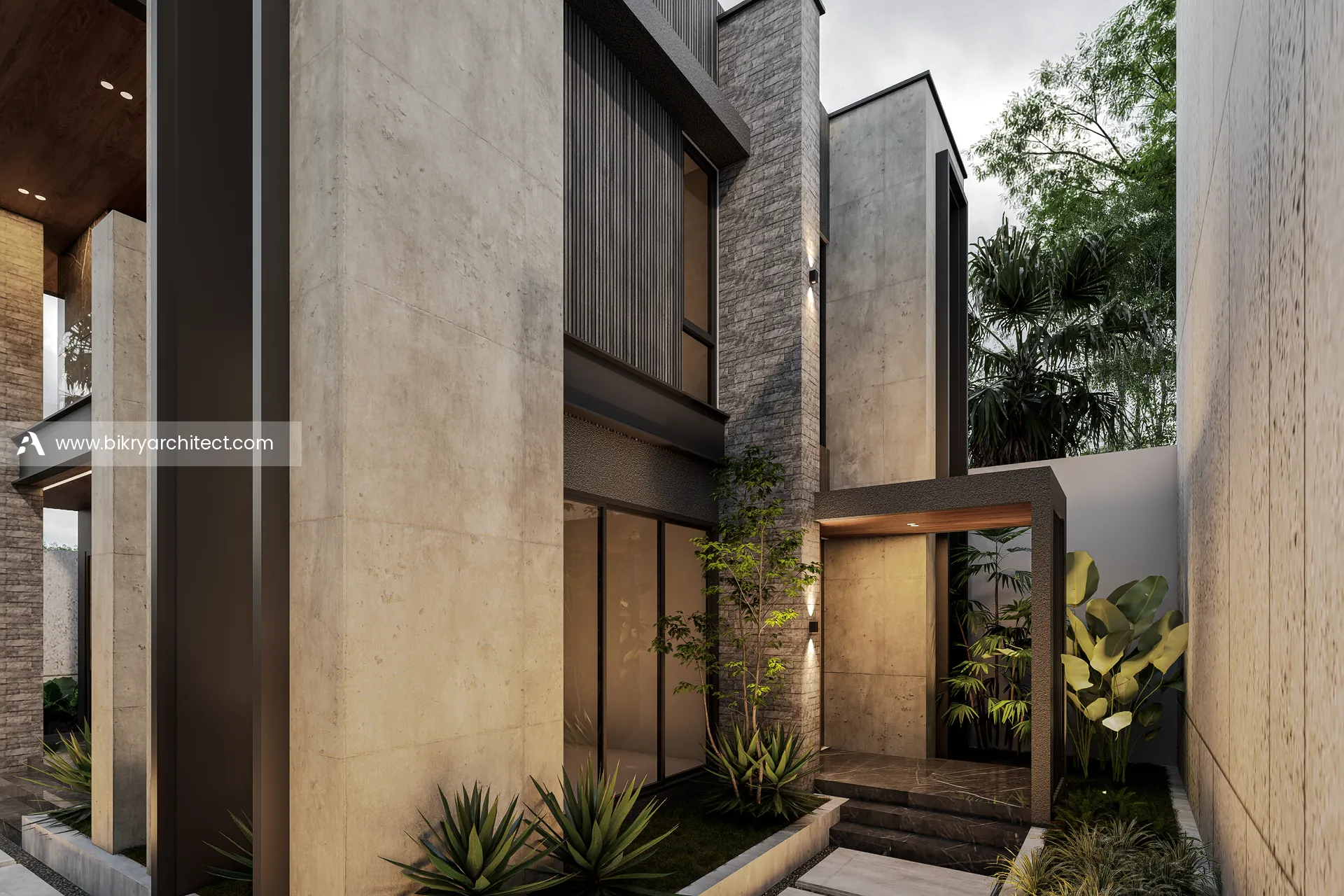 Area masuk rumah modern kontemporer dengan kolom batu alam, panel kayu, dan kanopi pintu berplafon kayu