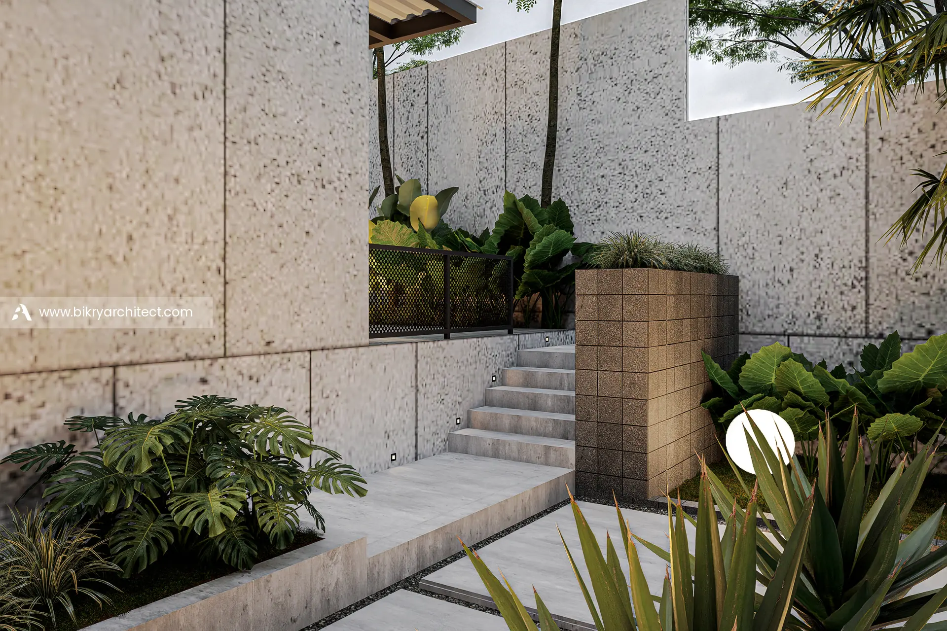 Tangga lanskap dengan dinding panel batu bertekstur, planter, dan lampu taman