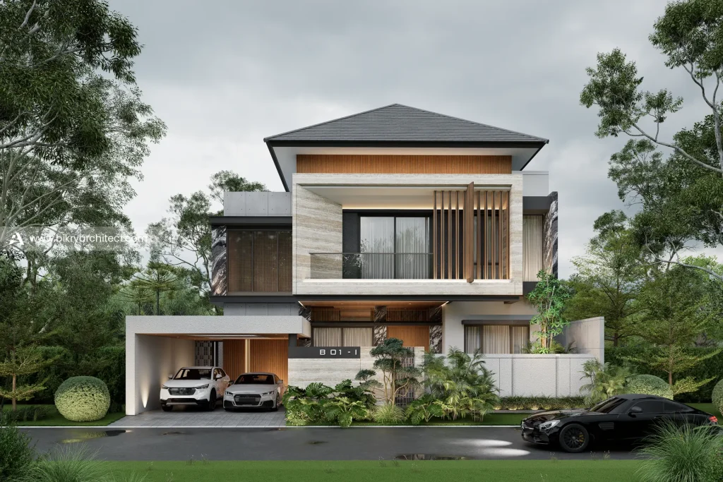 Tampak depan I House Tanjung Pinang, rumah modern tropis 2 lantai dengan atap perisai, kisi kayu, dan carport