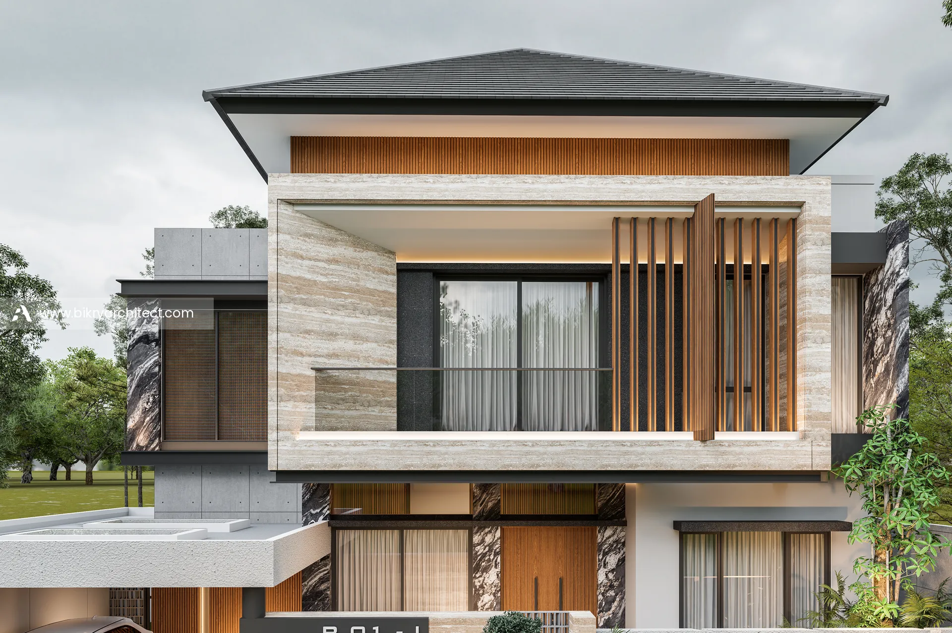 Detail fasad lantai 2 dengan bingkai granit tile atau marmer bermotif batu krem, kisi kayu vertikal, dan balkon kaca