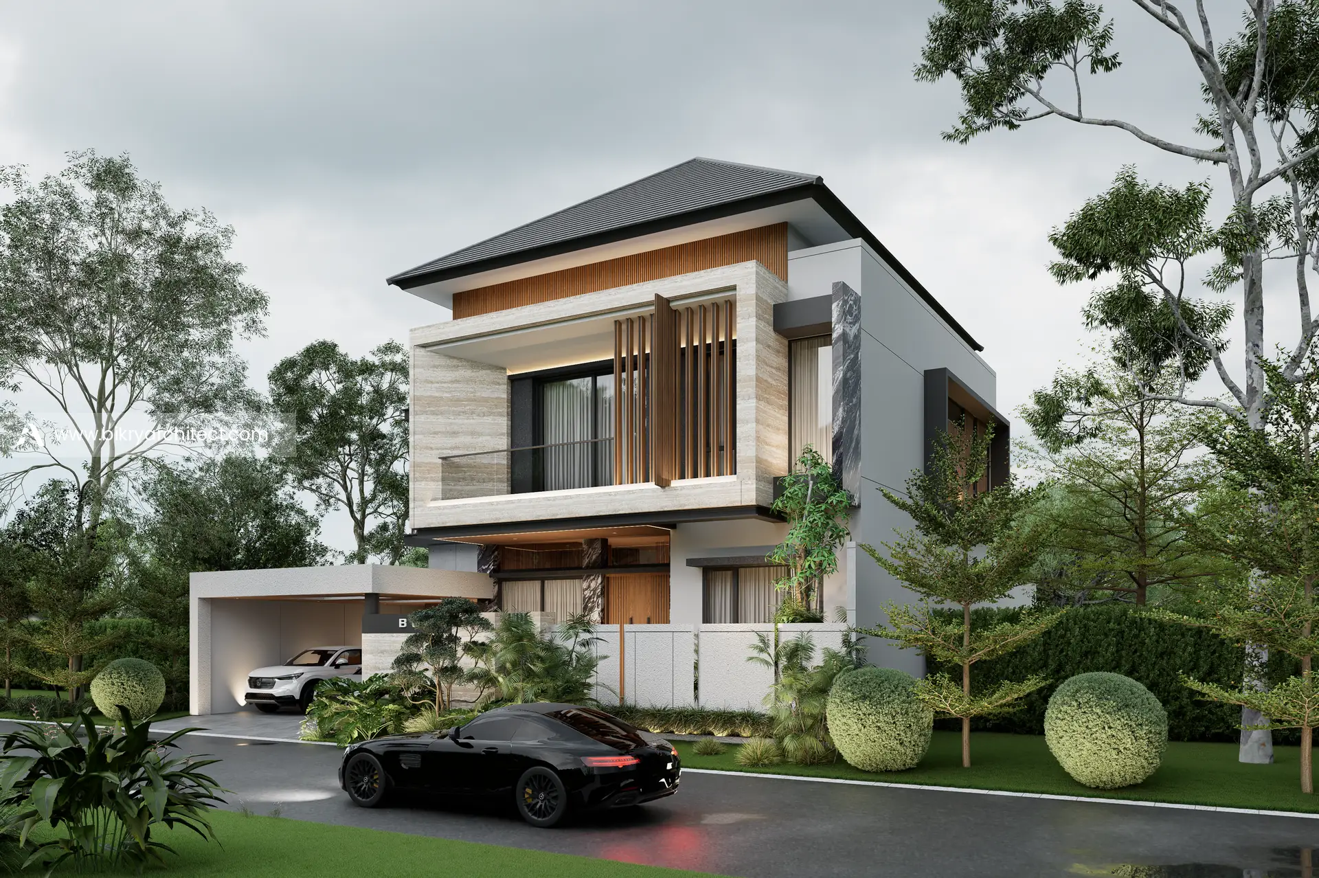 Perspektif I House Tanjung Pinang dengan atap perisai, kisi kayu vertikal, dan balkon kaca