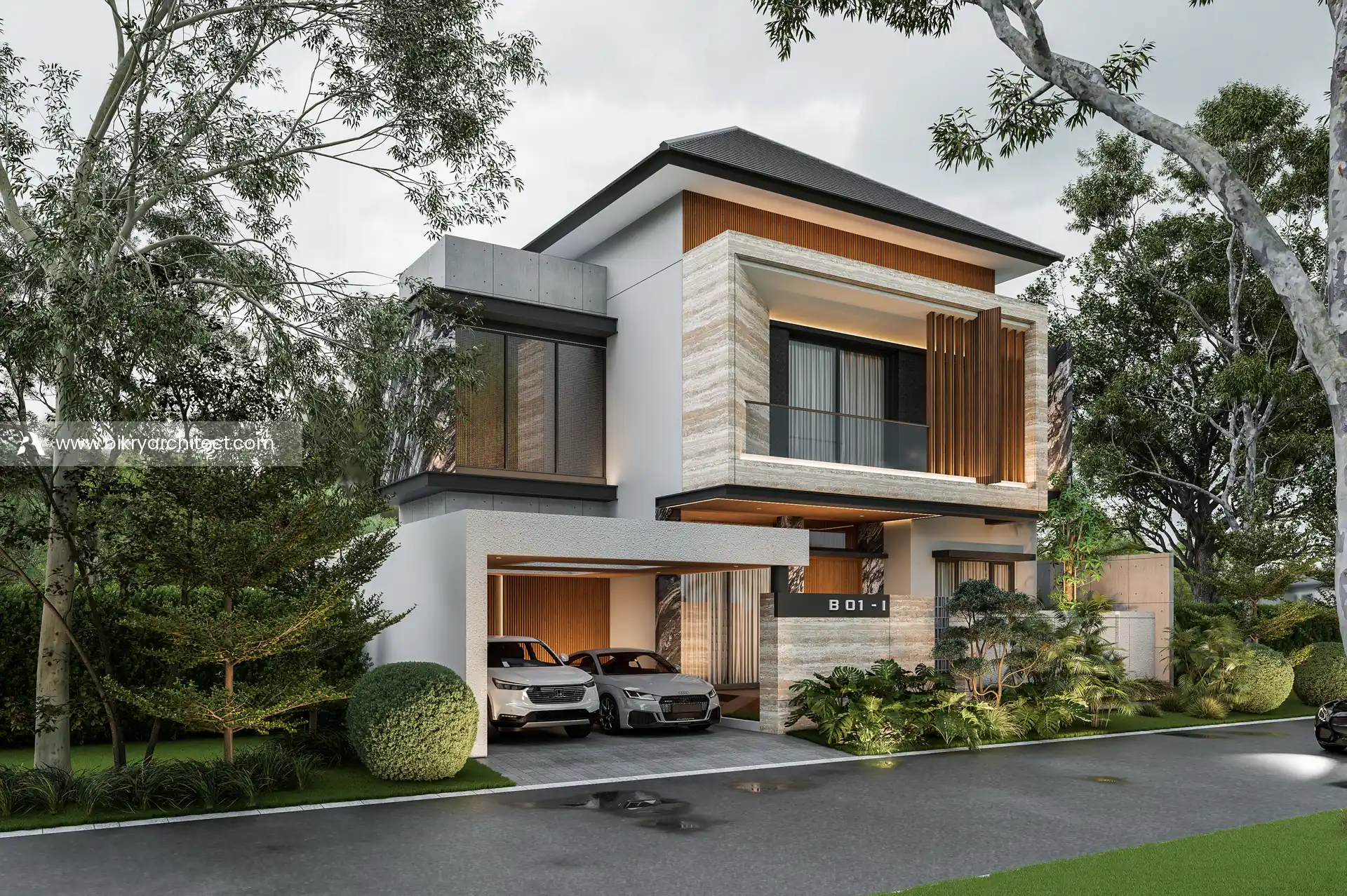 Perspektif sudut rumah modern tropis dengan carport beratap datar, kisi kayu, dan taman tropis