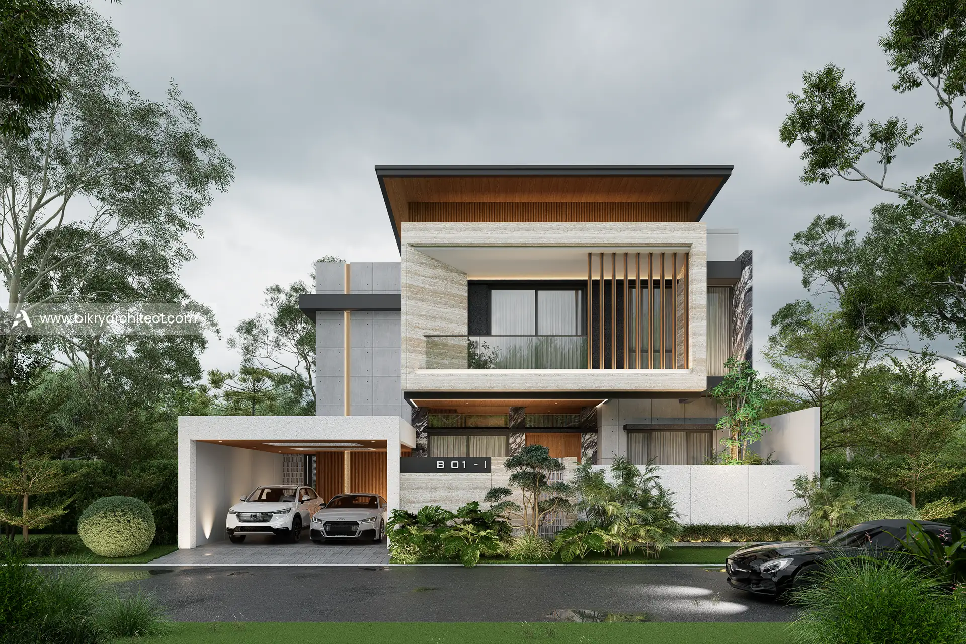 Perspektif depan rumah modern tropis 2 lantai dengan atap perisai, balkon kaca, dan carport