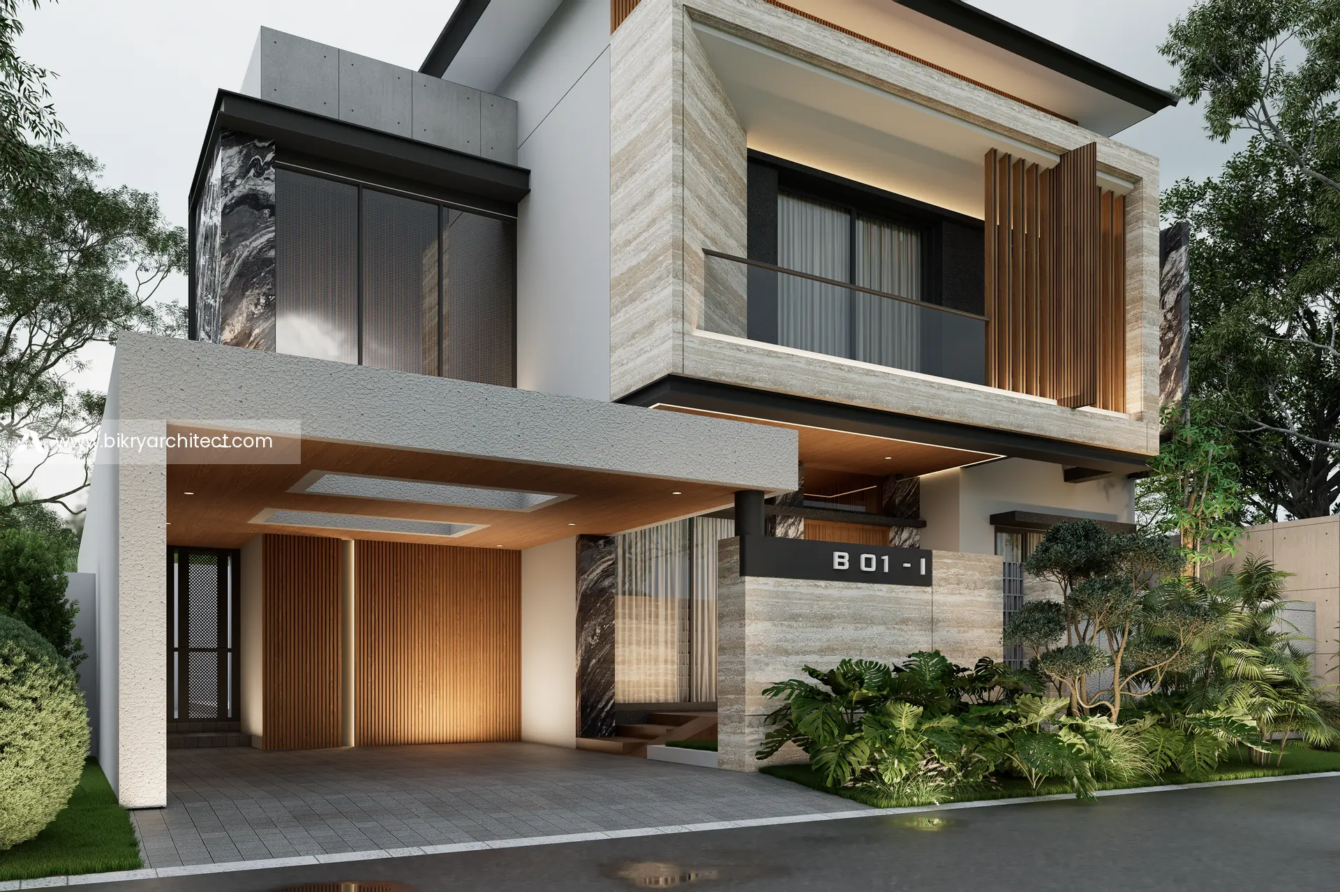 Carport dan pintu masuk dengan panel kayu, aksen marmer gelap, dan papan nomor rumah