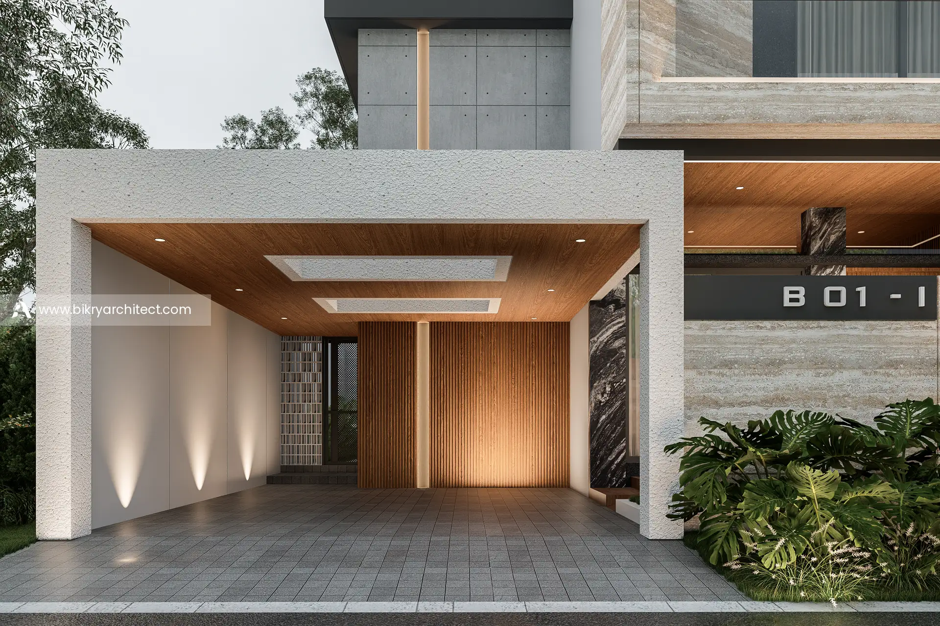Carport berplafon kayu dengan lampu downlight, lampu dinding, dan pintu kayu