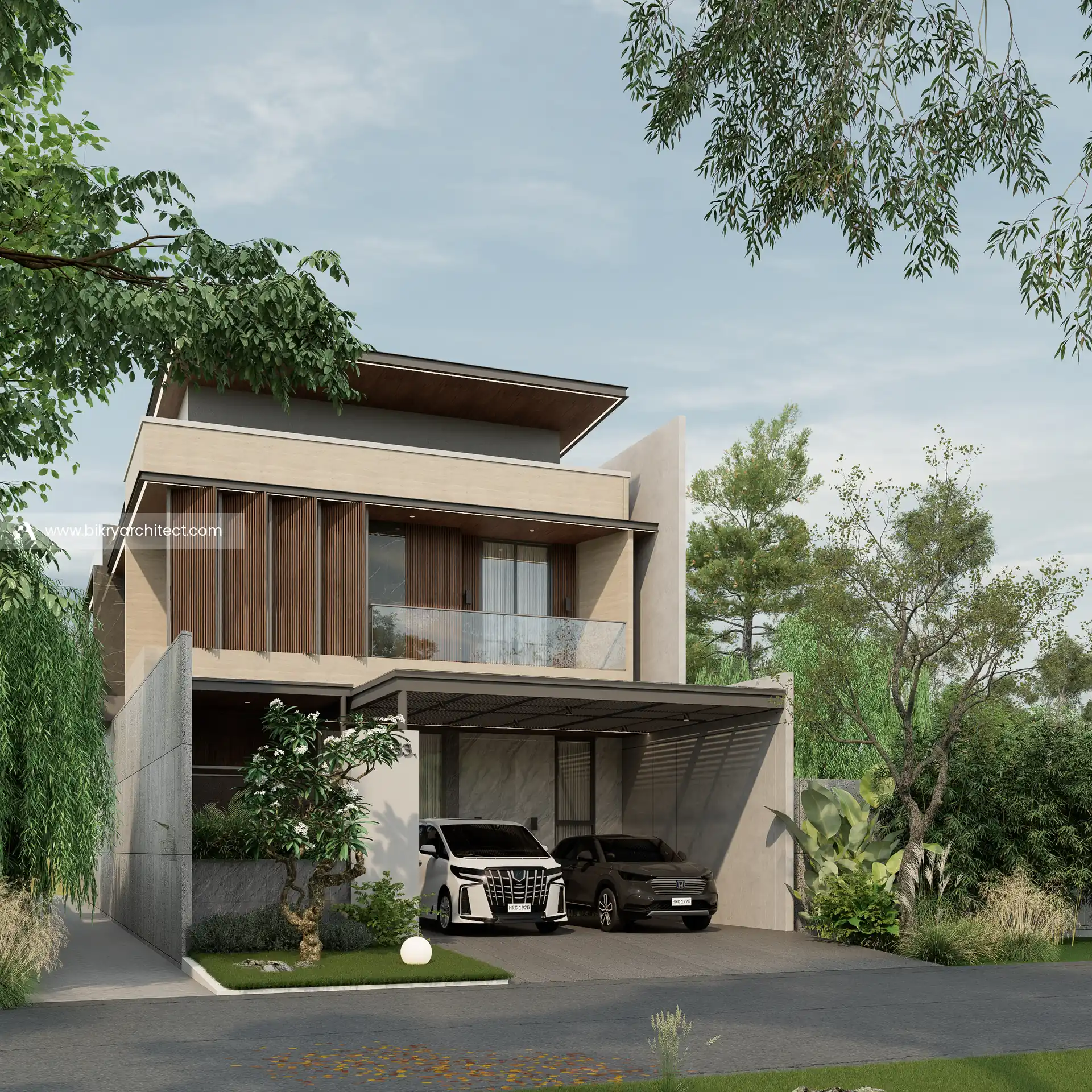 Perspektif I House Banyuwangi, rumah modern tropis 2 lantai dengan sirip kayu vertikal, balkon kaca, dan carport 2 mobil