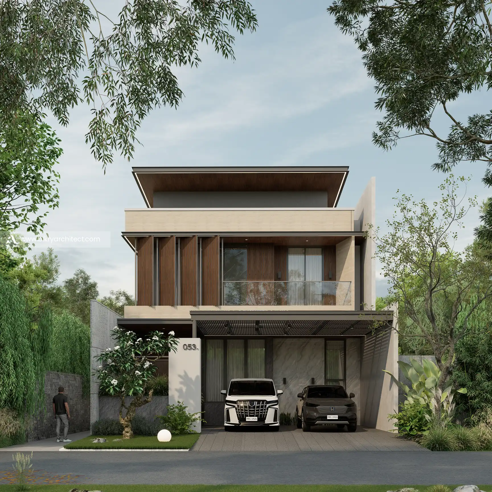 Tampak depan rumah modern tropis 2 lantai dengan atap datar berplafon kayu dan taman depan