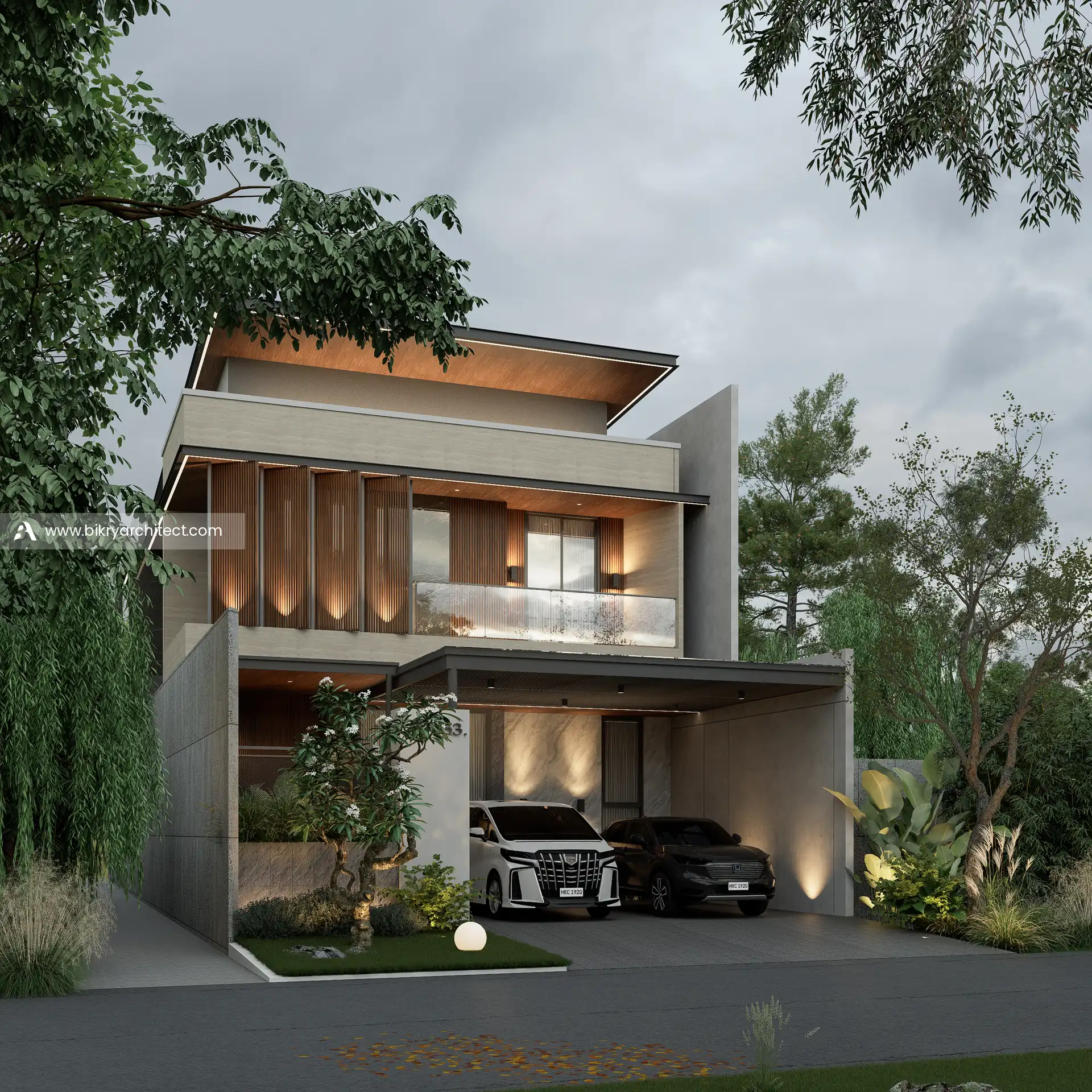 Perspektif sore rumah modern tropis dengan sirip kayu bercahaya dan carport