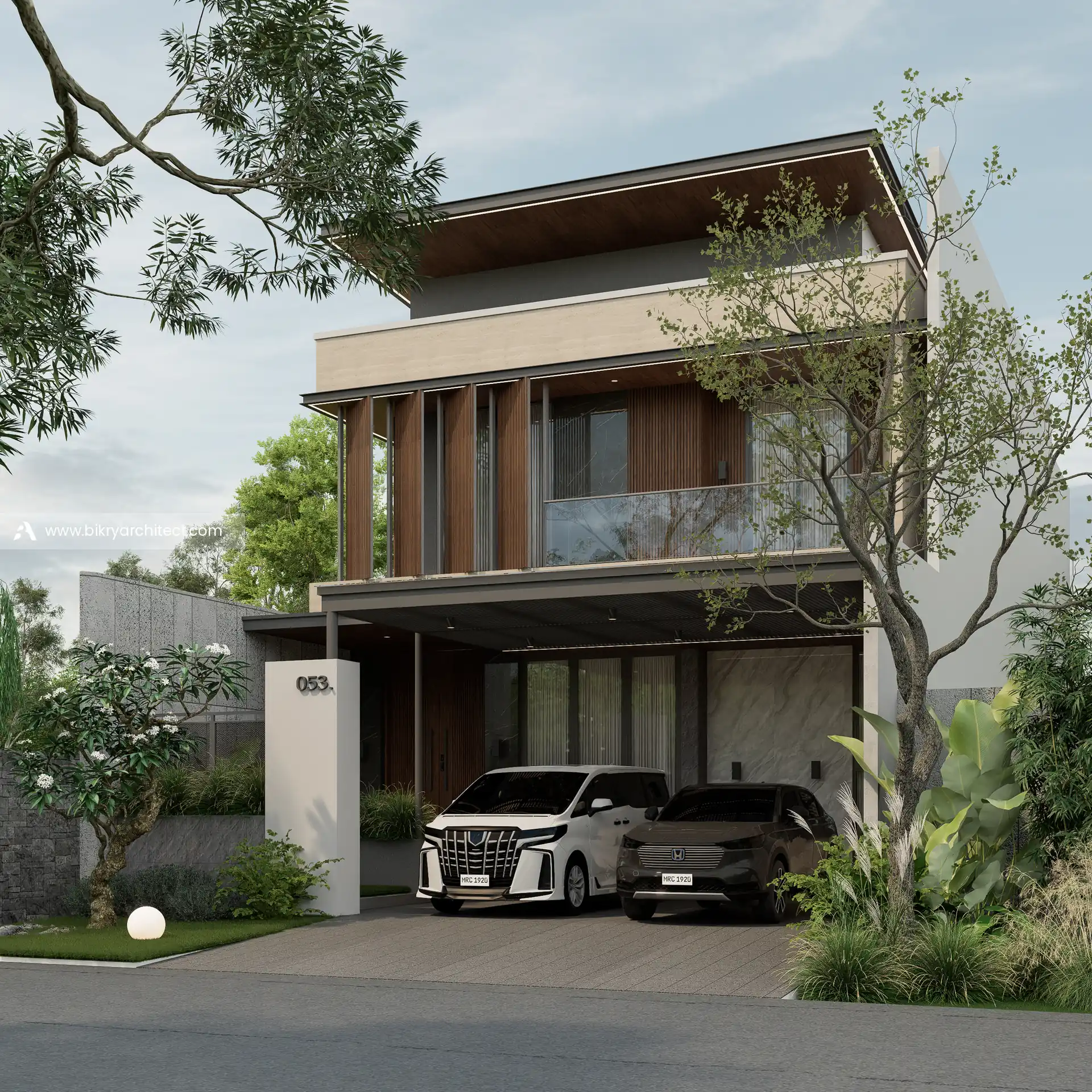 Perspektif rumah modern tropis 2 lantai dengan pohon peneduh dan carport berpergola