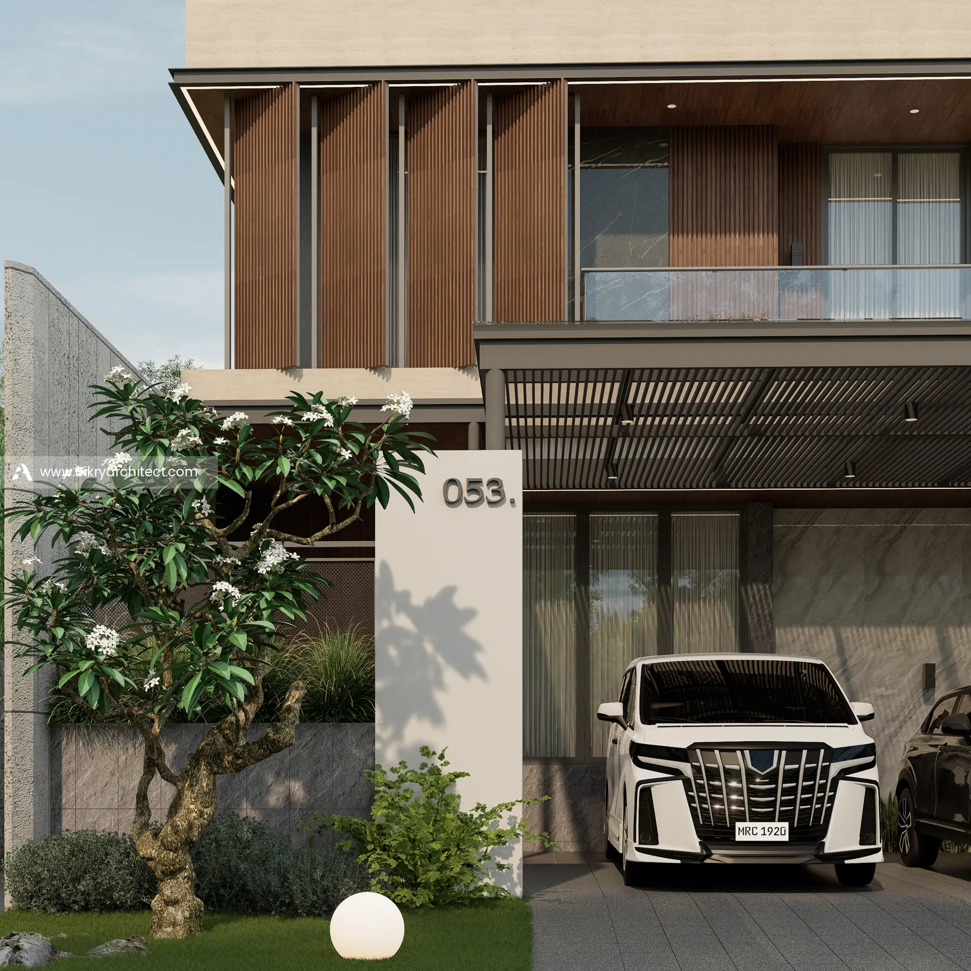 Carport rumah modern tropis dengan pergola, kolom nomor rumah, dan pohon kamboja