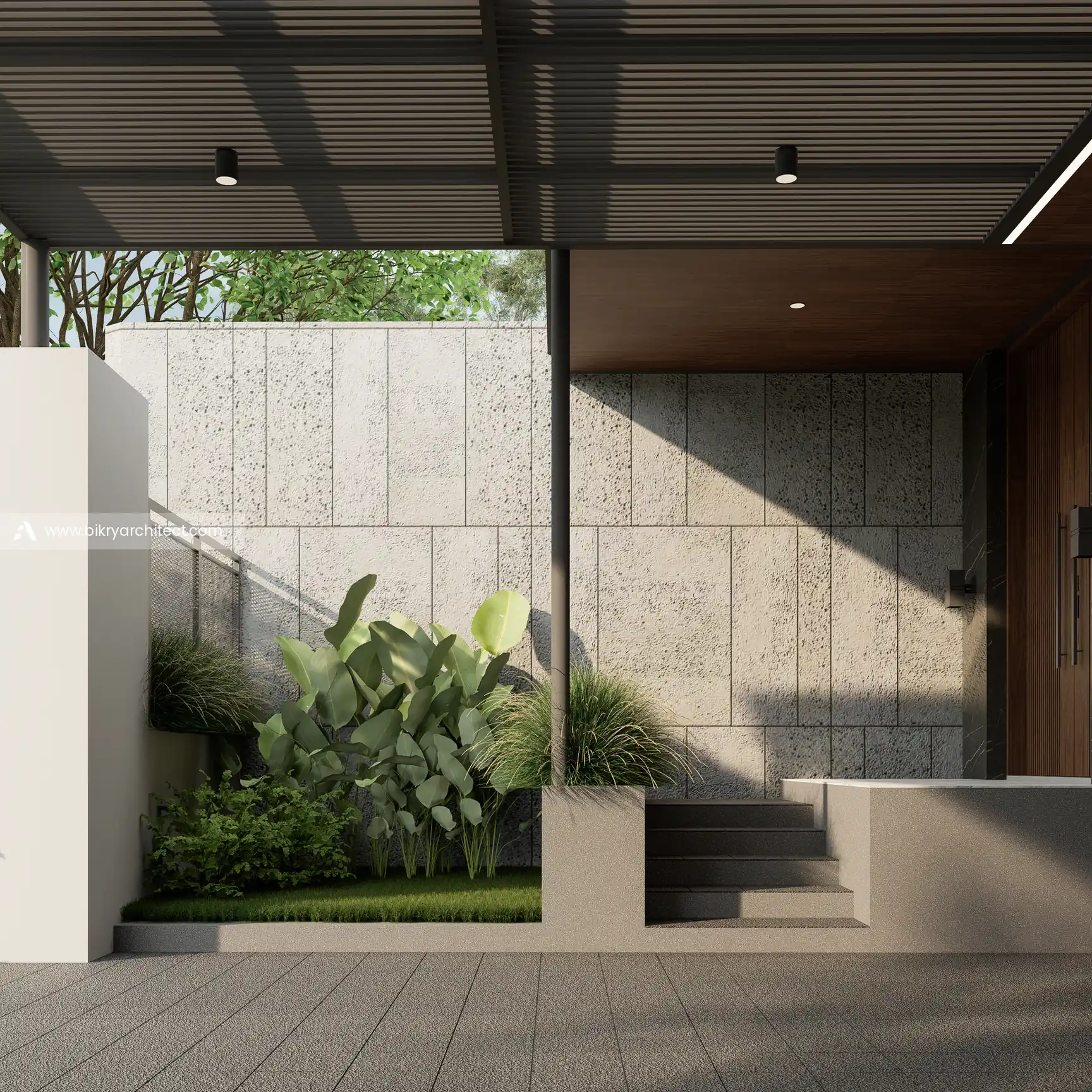 Dinding batu alam dan taman tropis di bawah pergola carport