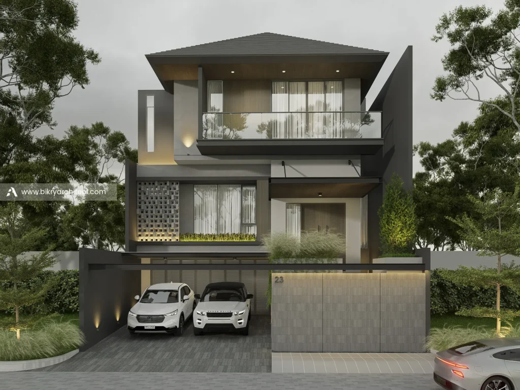 Fasad depan J House Riau, rumah modern tropis dengan atap perisai abu gelap, balkon kaca, panel roster, dan carport 2 mobil