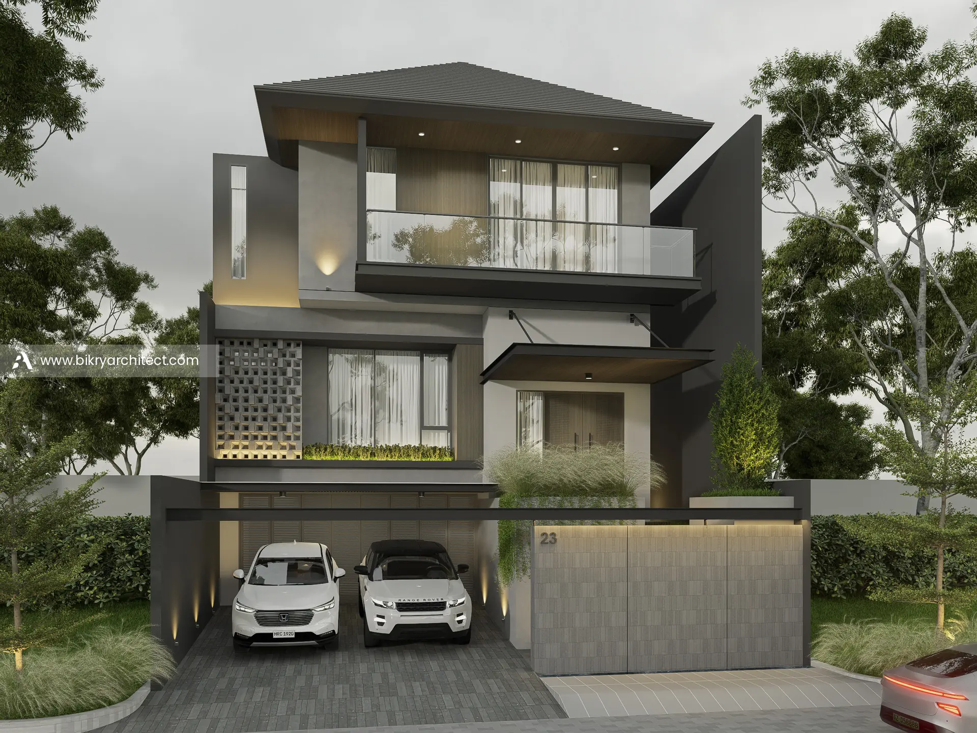 Perspektif depan J House Riau dengan atap perisai dan kanopi kantilever berplafon kayu