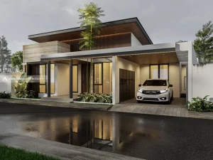 Perspektif L House Kuningan, rumah modern tropis 1 lantai dengan atap miring berplafon kayu, dinding travertin, dan carport