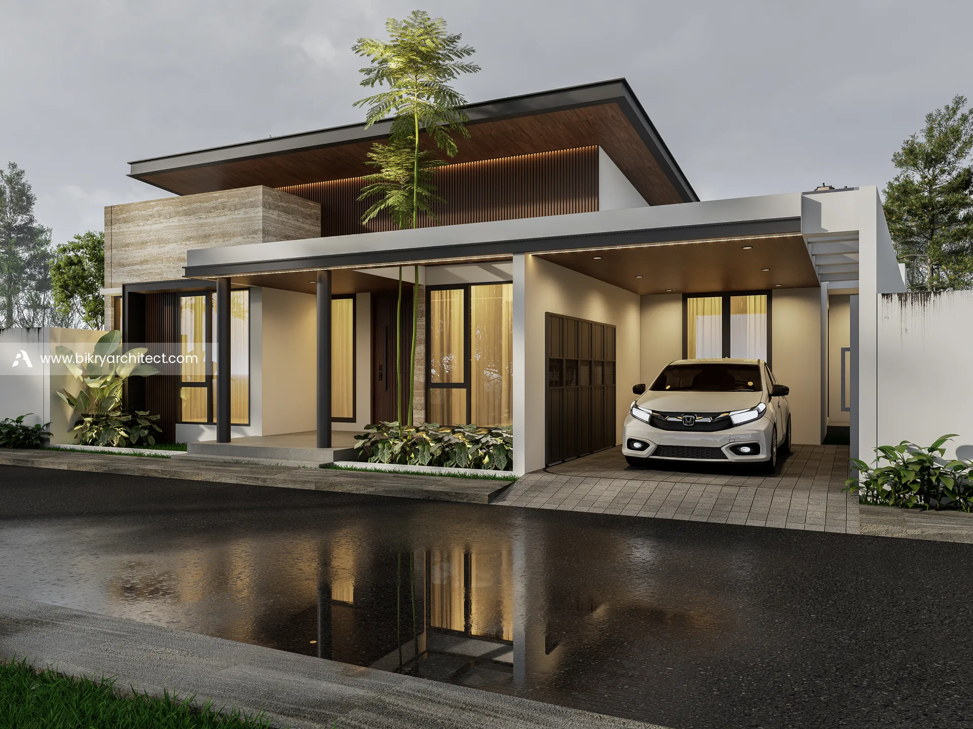 Perspektif L House Kuningan, rumah modern tropis 1 lantai dengan atap miring berplafon kayu, dinding travertin, dan carport