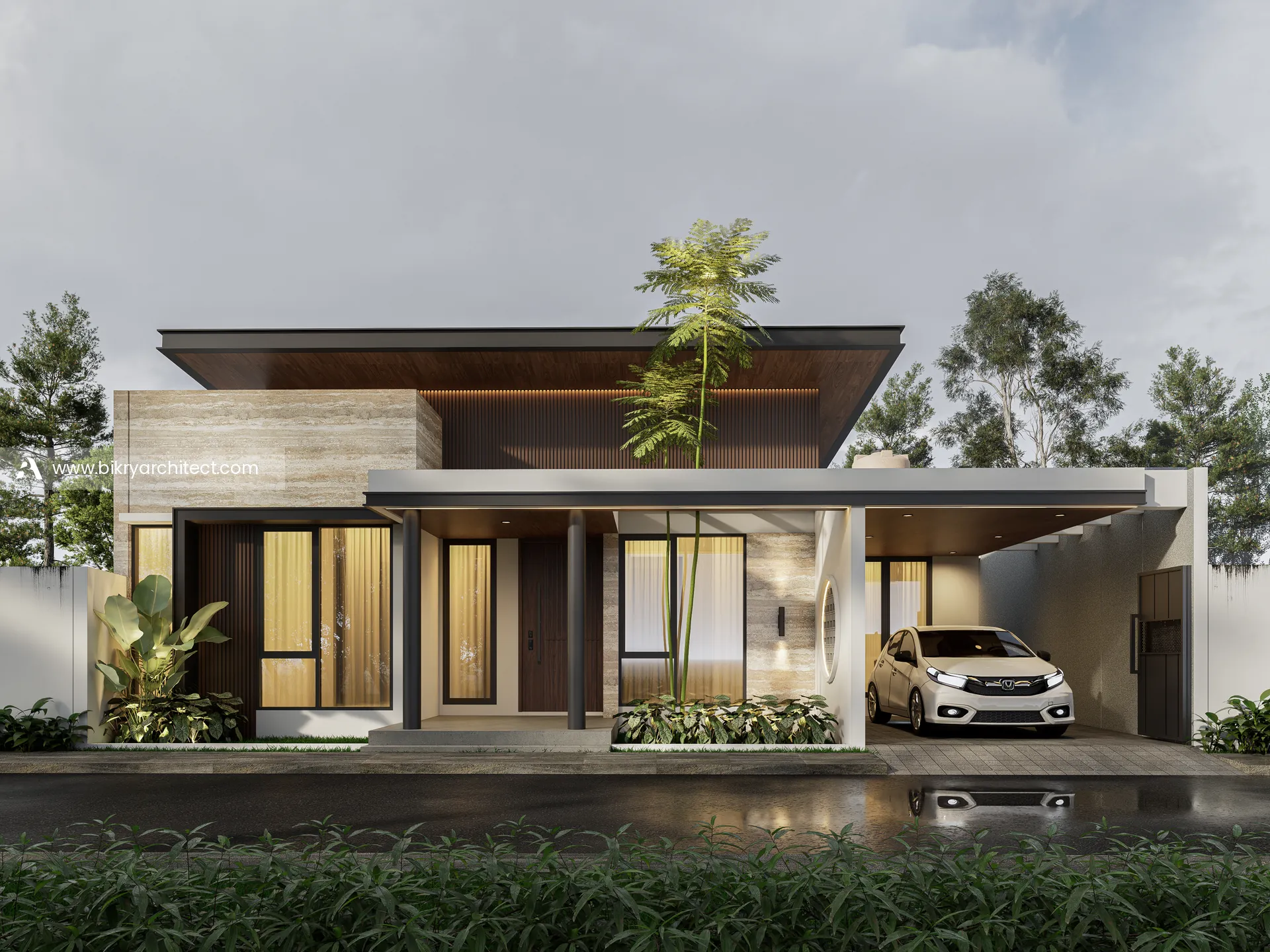 Tampak depan rumah modern tropis 1 lantai dengan teras, jendela kaca tinggi, dan taman depan