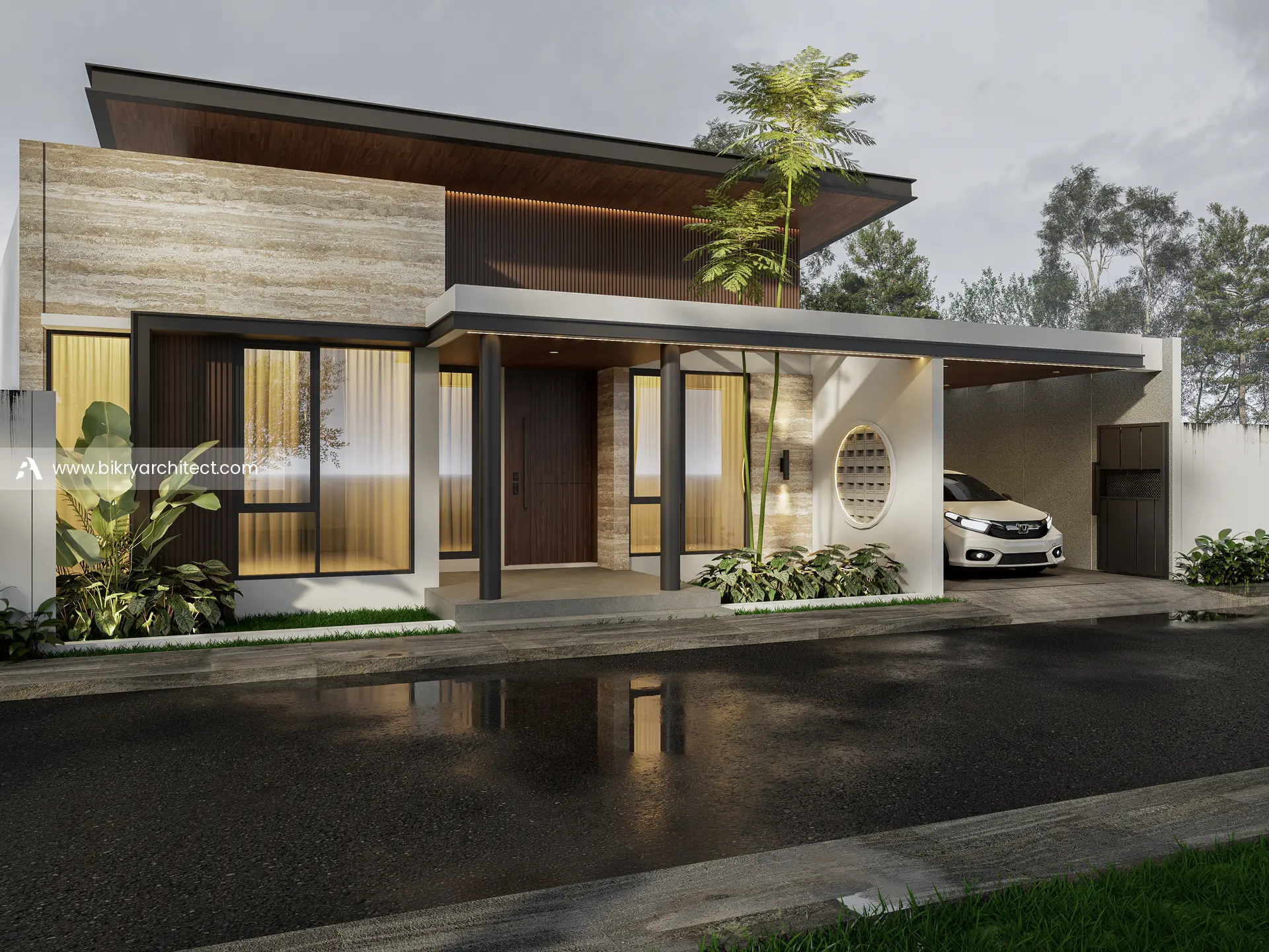 Perspektif rumah 1 lantai dengan jendela roster bulat, dinding travertin, dan teras berkolom