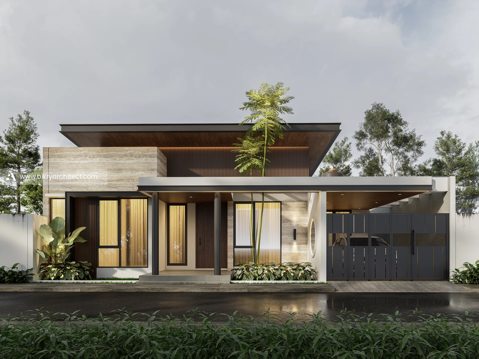 Tampak depan L House dengan pagar besi hitam tertutup di depan carport