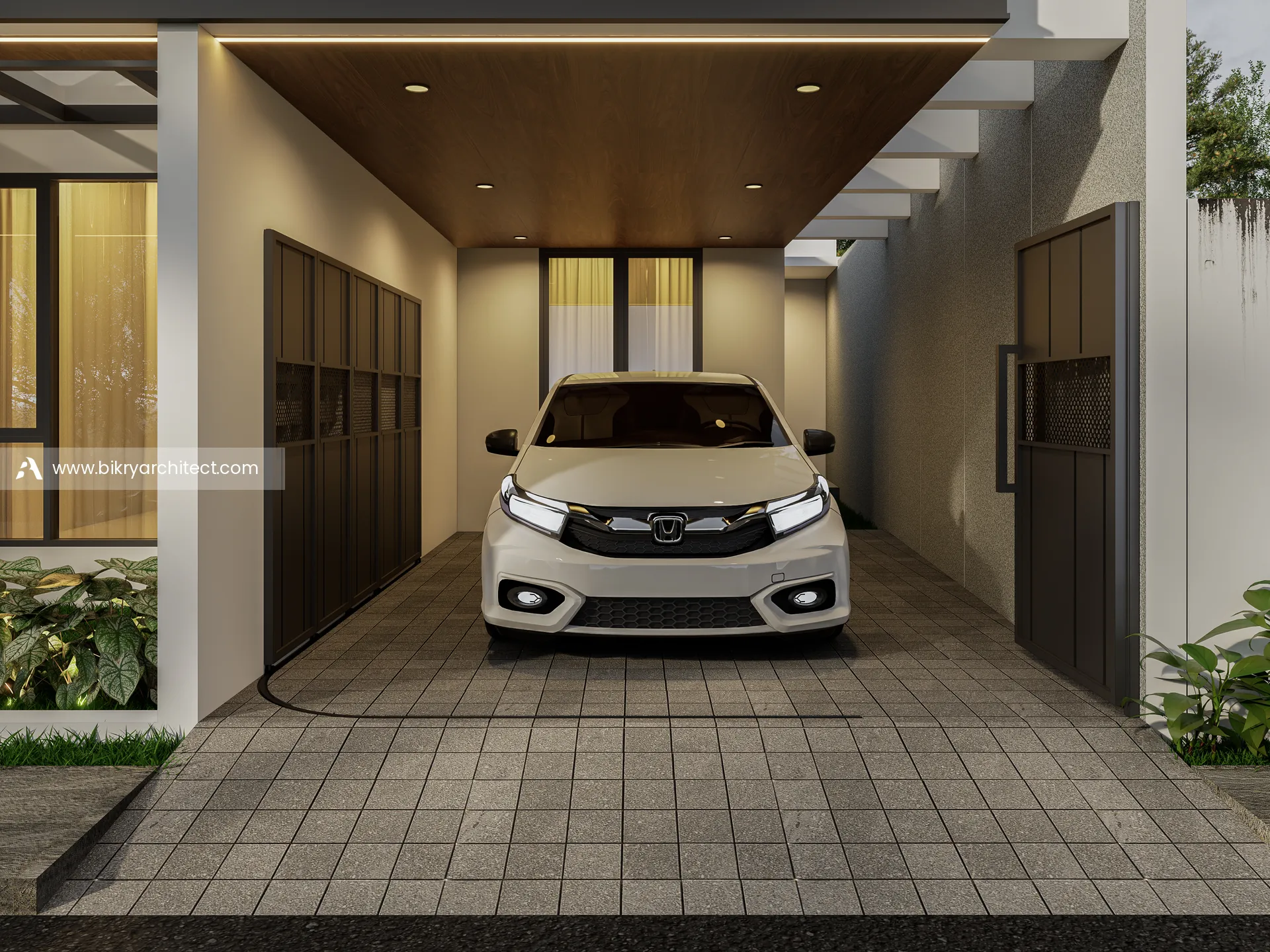 Carport memanjang rumah 1 lantai dengan lantai paving dan plafon kayu