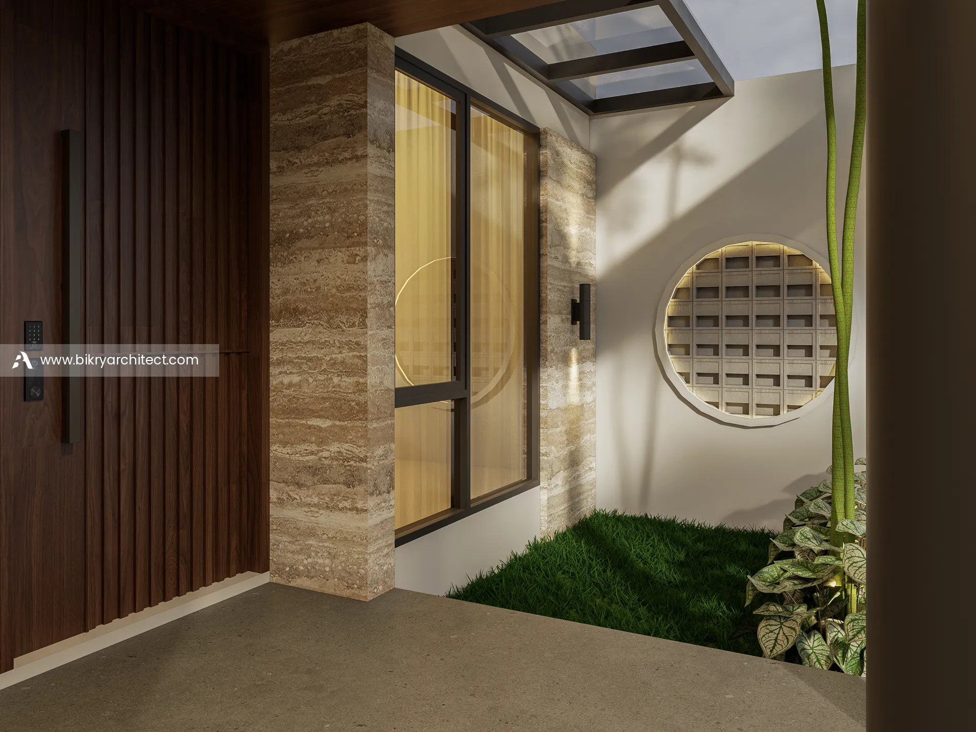 Pintu utama kayu dengan dinding travertin dan jendela roster bulat di teras rumah