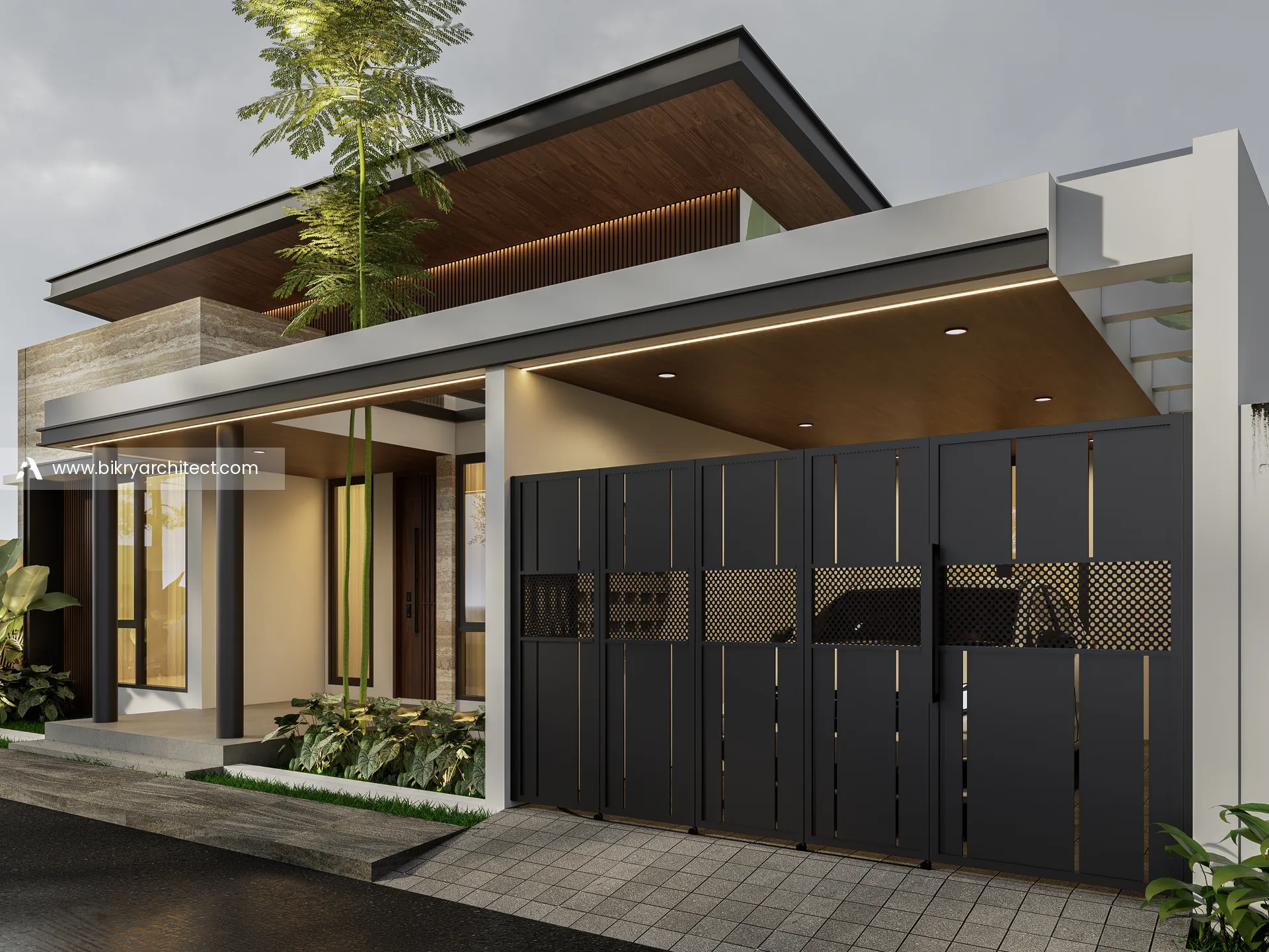 Pagar besi hitam modern di depan carport rumah modern tropis 1 lantai
