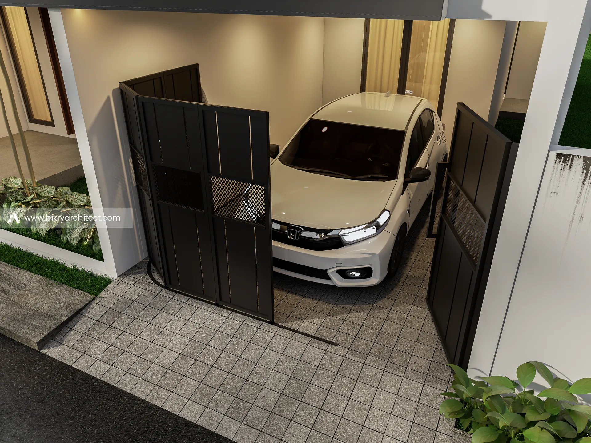 Pagar carport terbuka dengan mobil di dalam carport berlantai paving