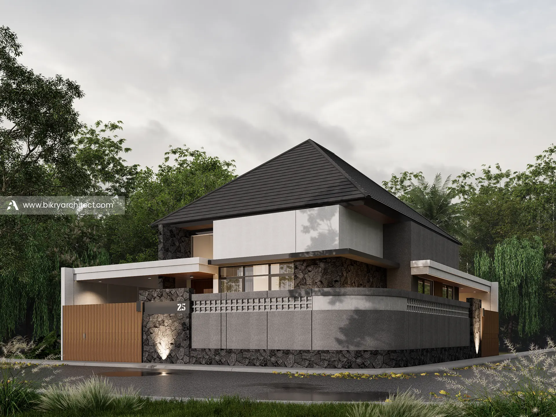 Perspektif sudut N House Jogja, rumah modern tropis 1 lantai dengan atap perisai gelap dan pagar batu alam melengkung