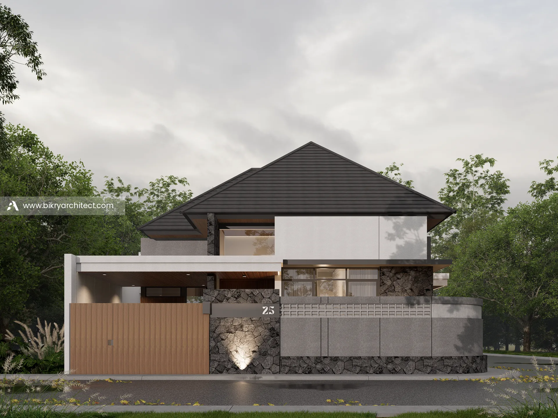 Tampak depan rumah modern tropis 1 lantai dengan atap perisai, pintu pagar kayu, dan roster putih di Jogja