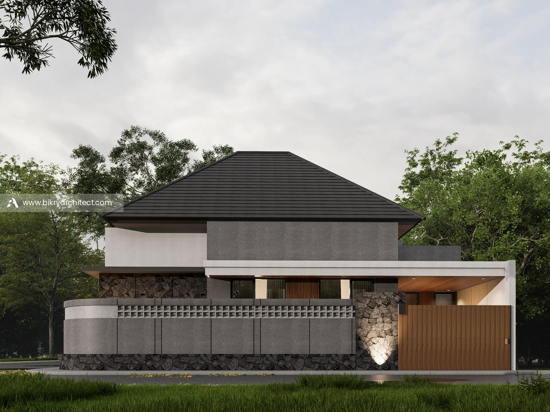 Tampak samping rumah modern tropis 1 lantai dengan atap perisai, pagar abu, dan pintu kayu