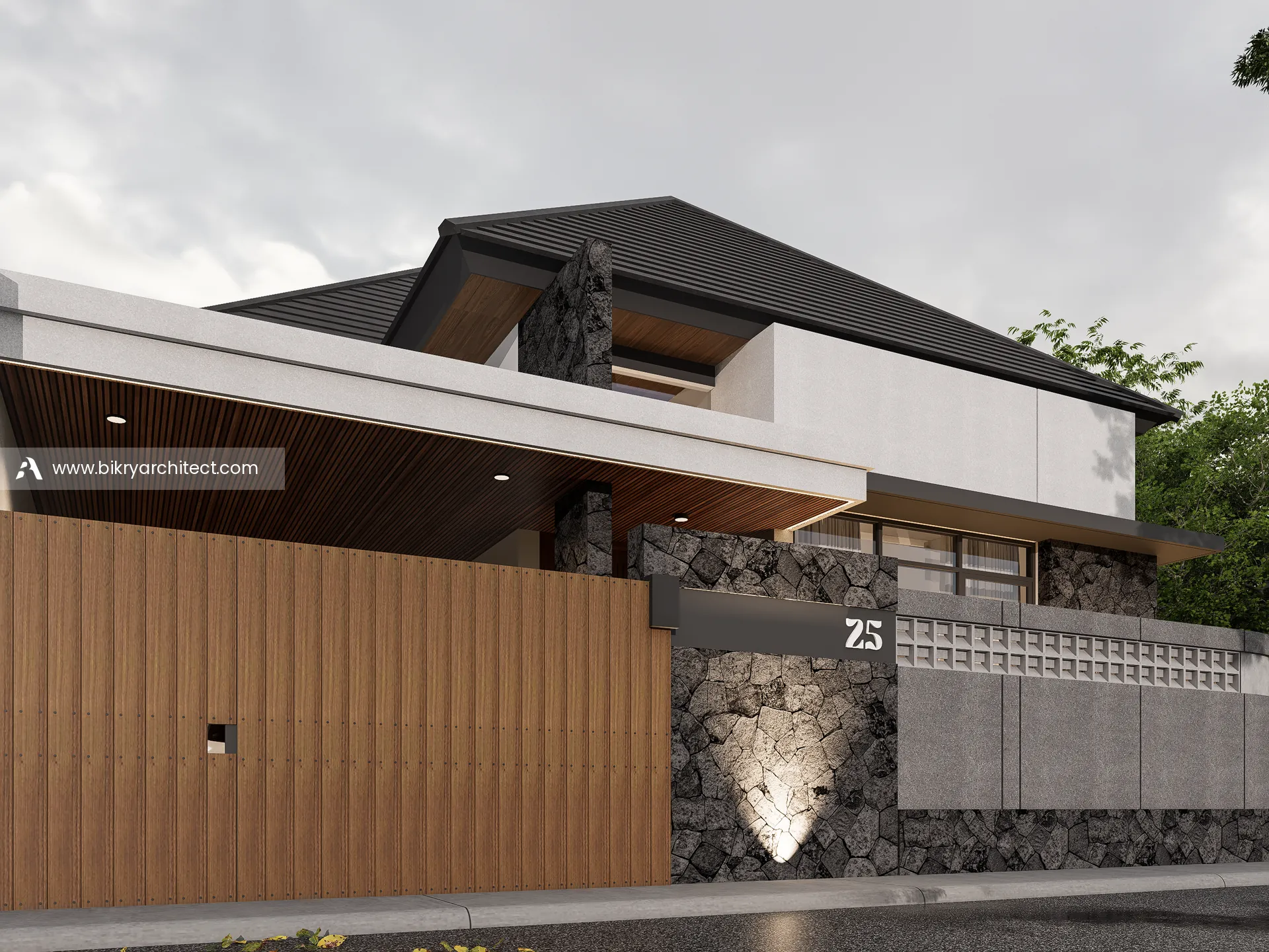 Area carport dengan pintu pagar kayu tinggi, kanopi putih, dan plafon kayu
