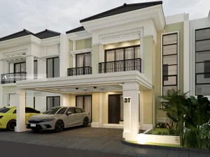 Perspektif R House Tangerang, rumah klasik modern 2 lantai dengan fasad putih, atap perisai gelap, dan railing besi tempa