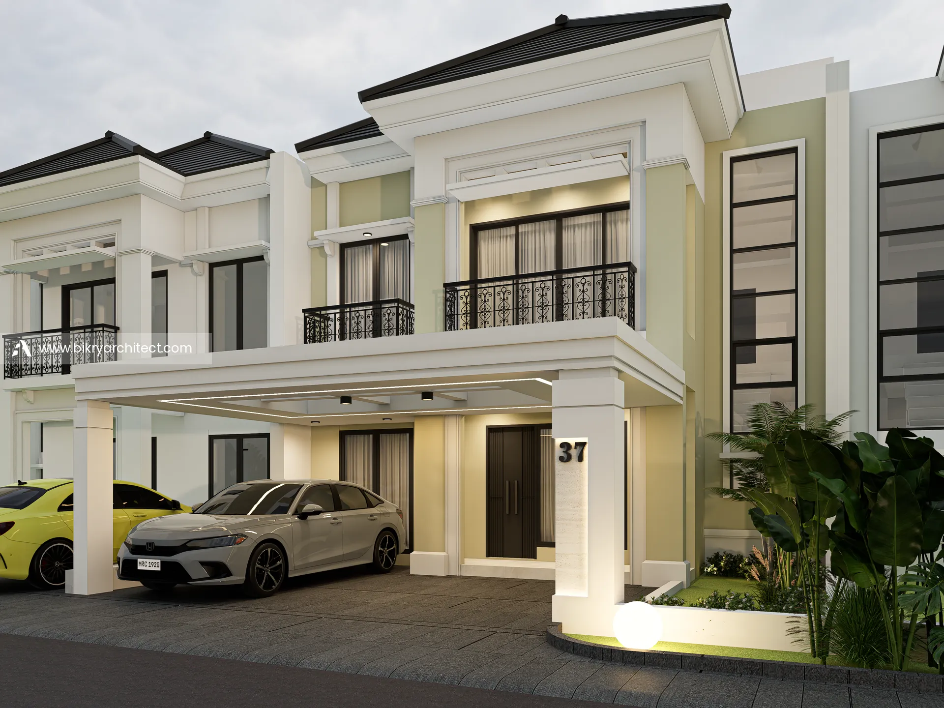 Perspektif R House Tangerang, rumah klasik modern 2 lantai dengan fasad putih, atap perisai gelap, dan railing besi tempa