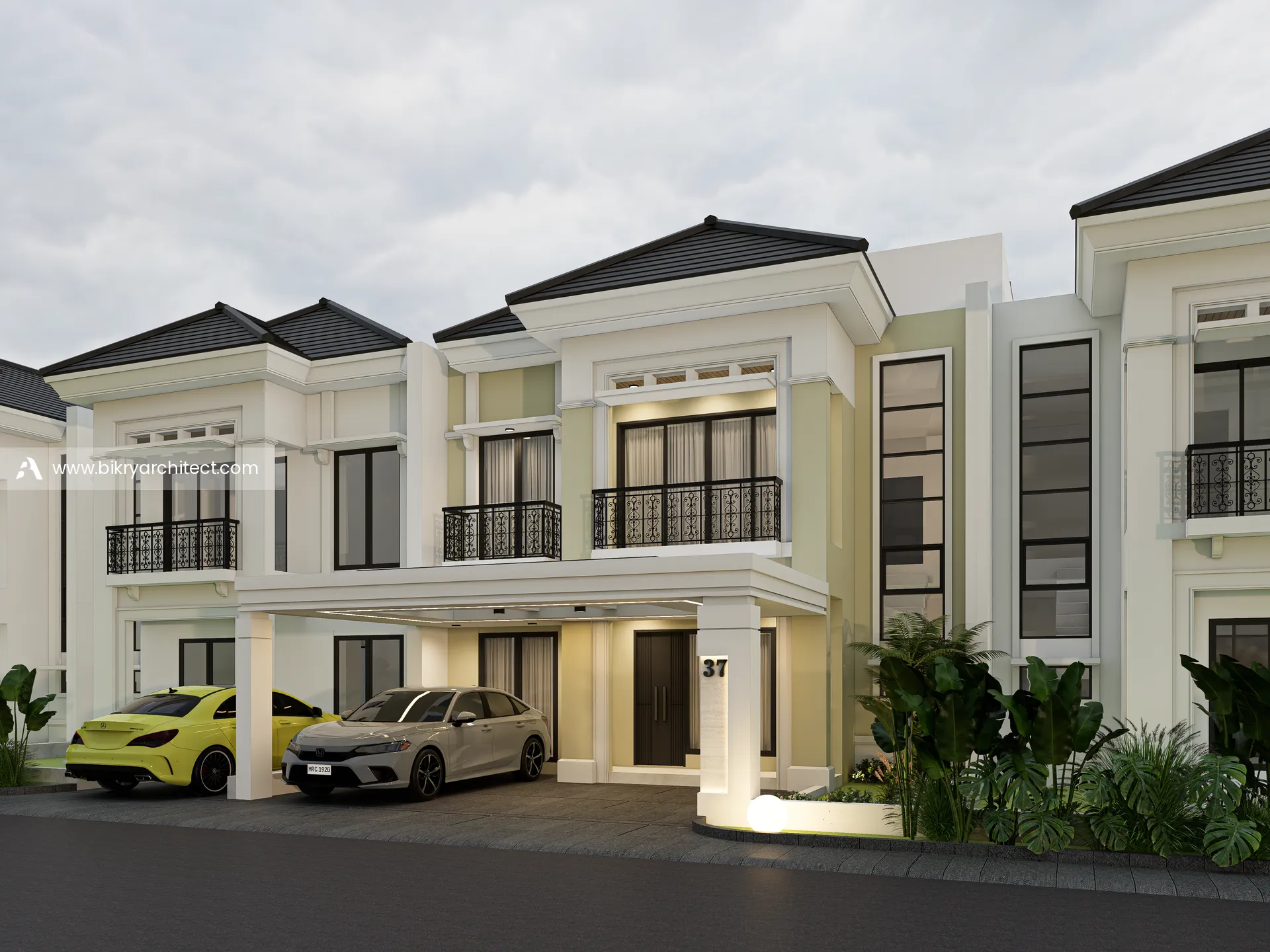Perspektif samping rumah klasik modern di Tangerang dengan taman depan dan carport