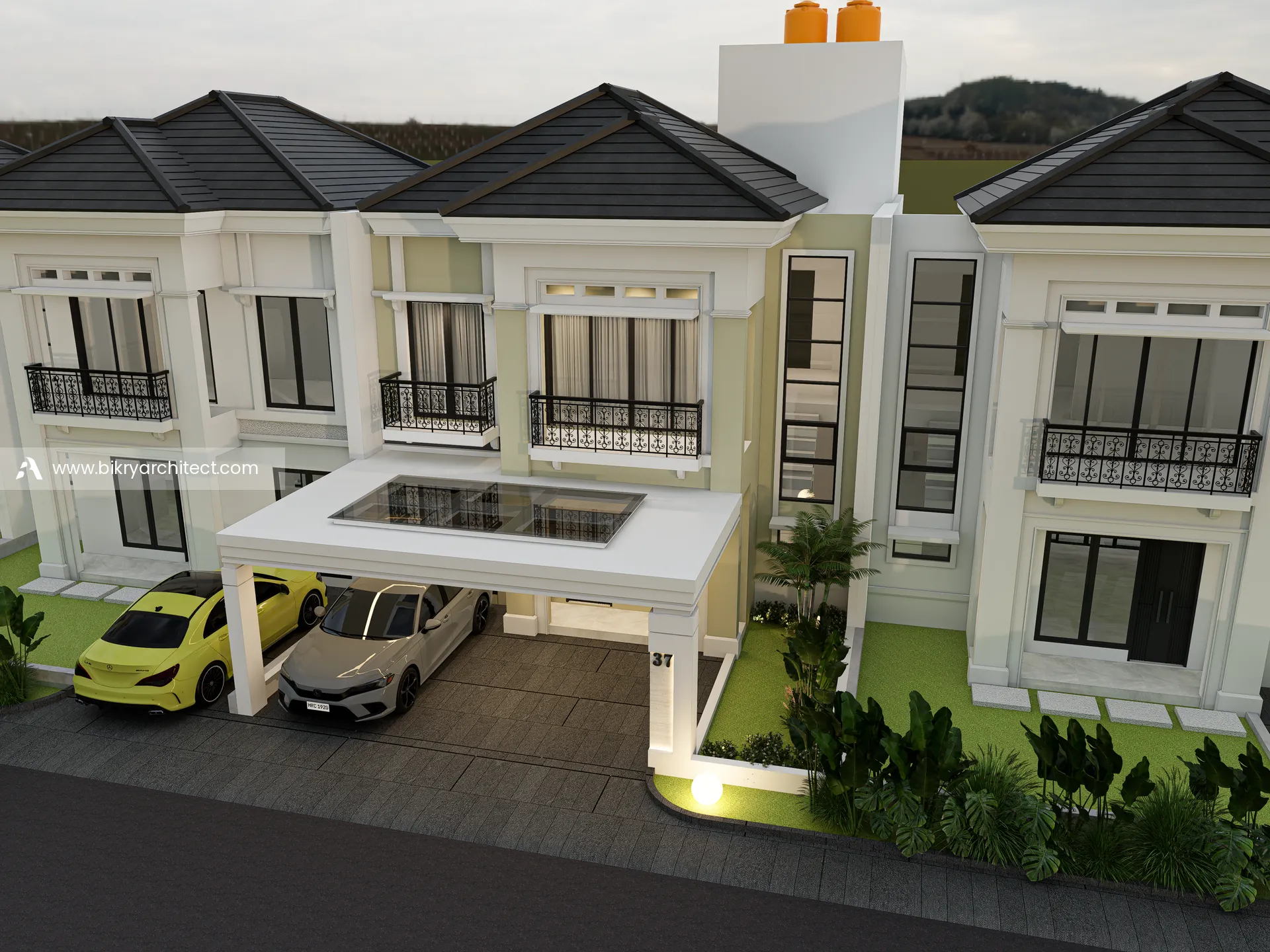 Tampak atas fasad rumah klasik modern dengan kanopi carport ber-skylight dan atap perisai