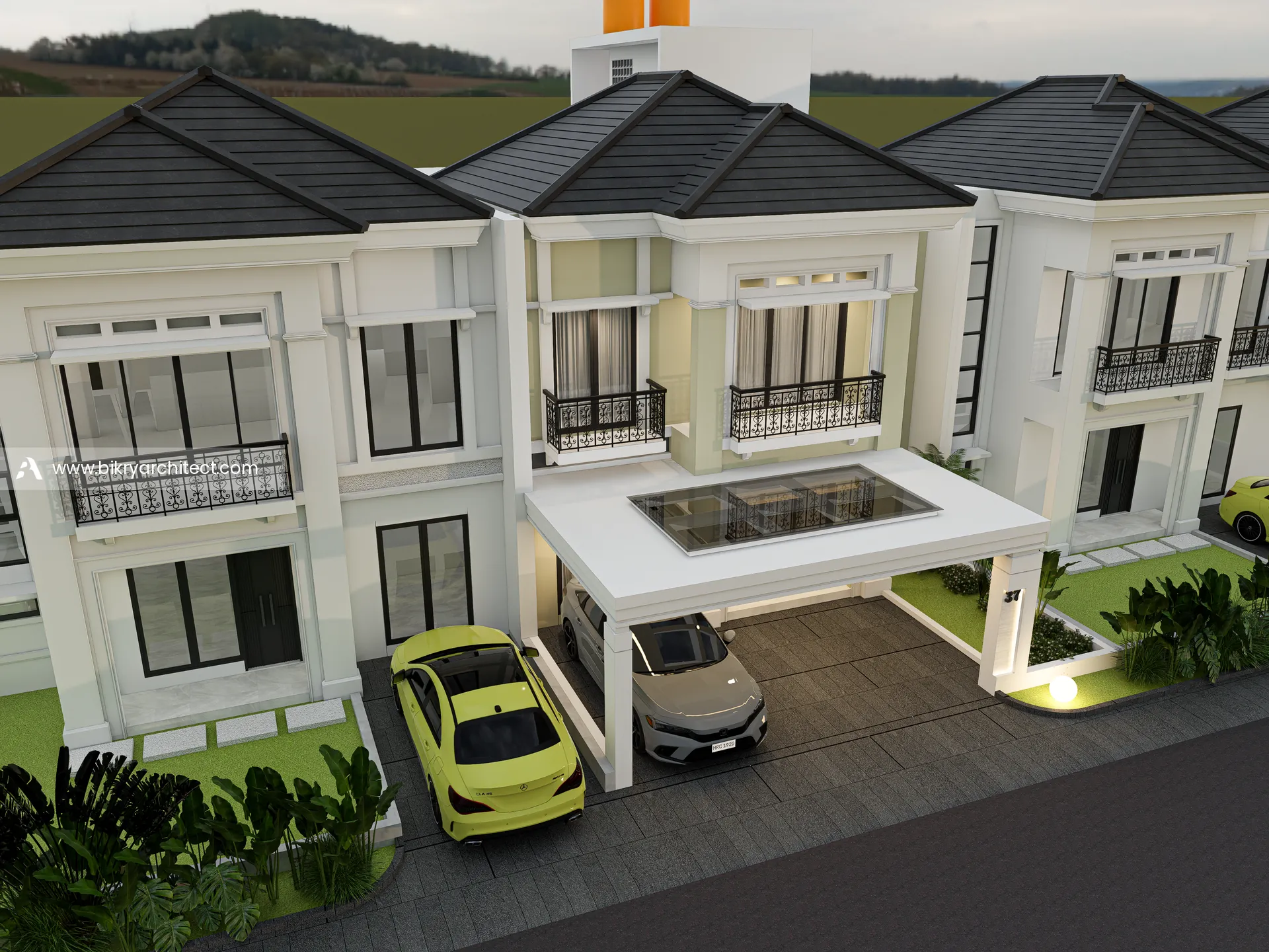 Perspektif atas rumah klasik modern 2 lantai dengan carport, taman, dan balkon besi tempa