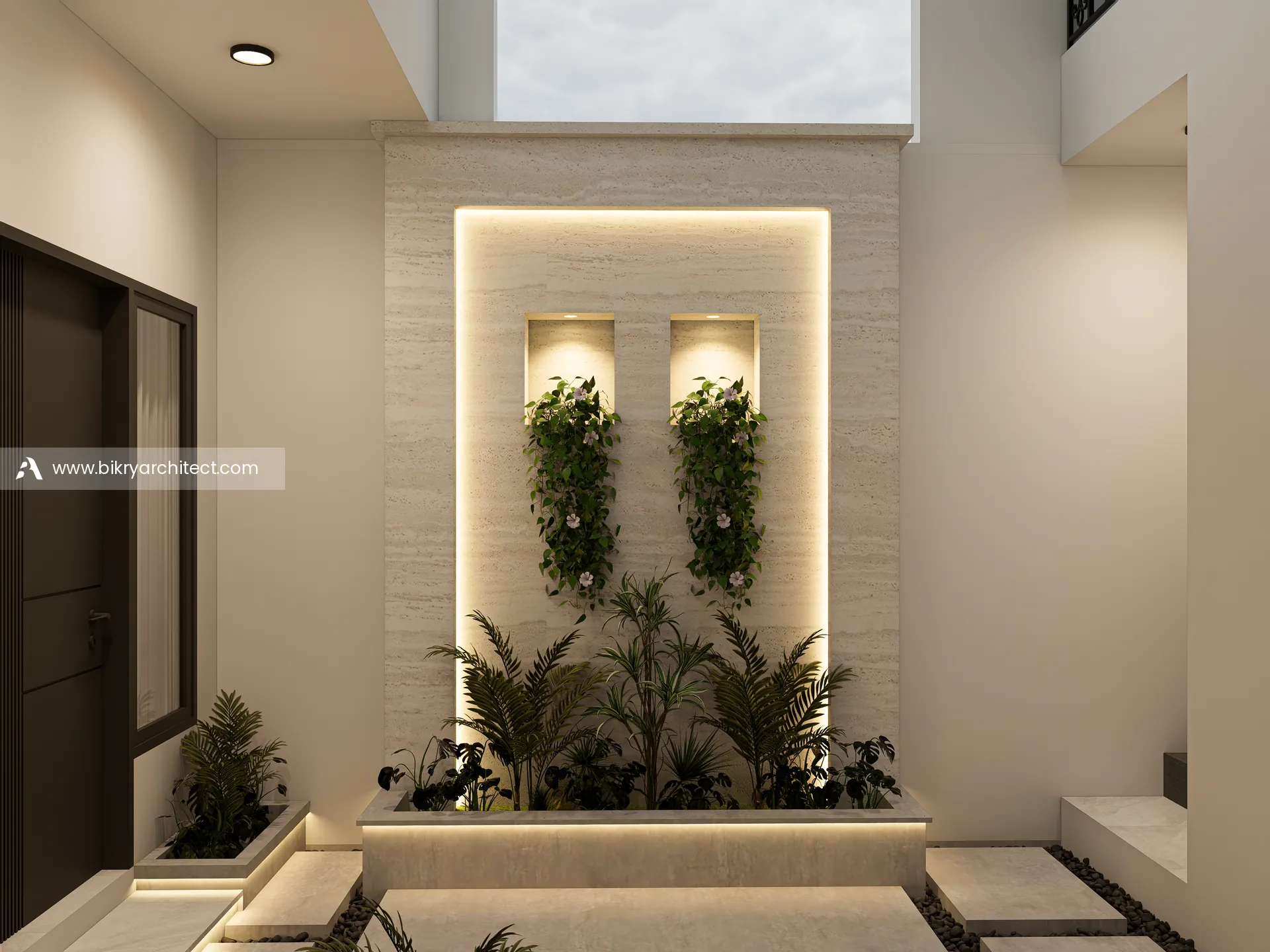 Taman dalam rumah dengan dinding panel bercahaya, tanaman rambat, dan pijakan batu
