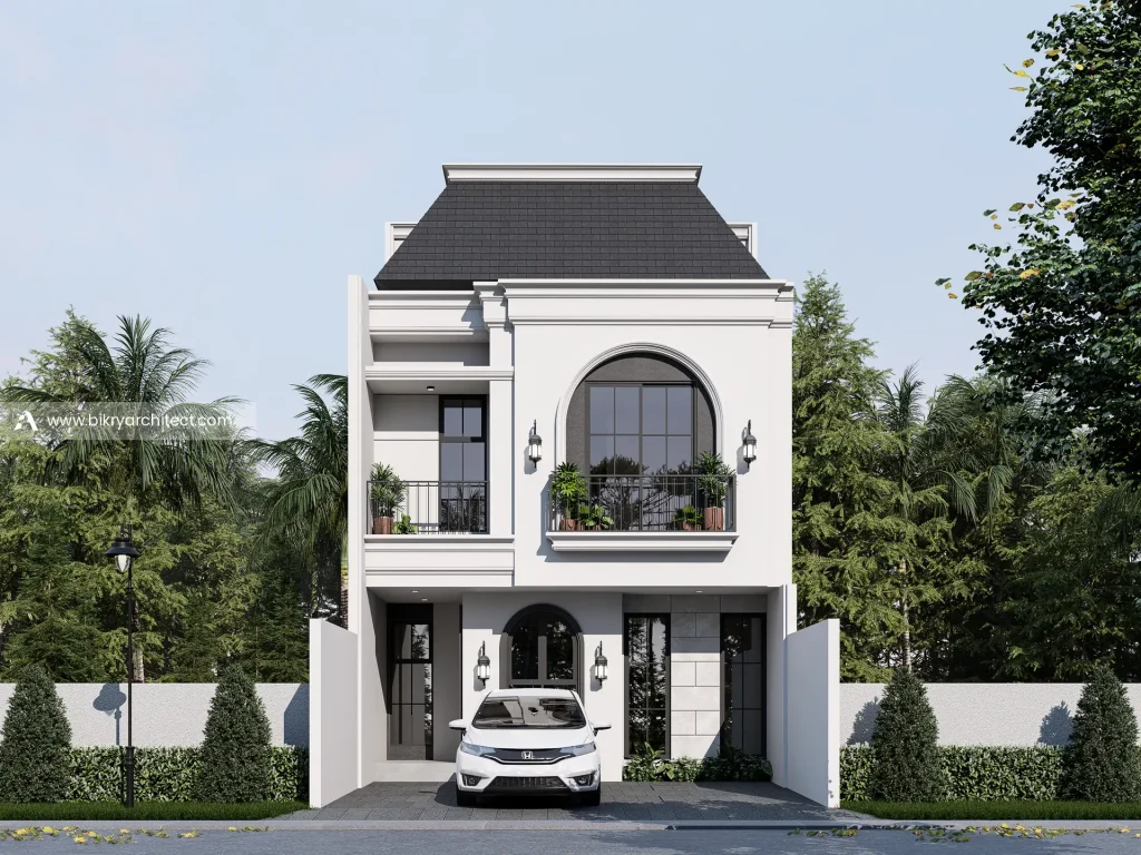 Fasad depan S House Jakarta Timur, rumah modern klasik 3 lantai putih dengan jendela lengkung dan atap perisai abu gelap