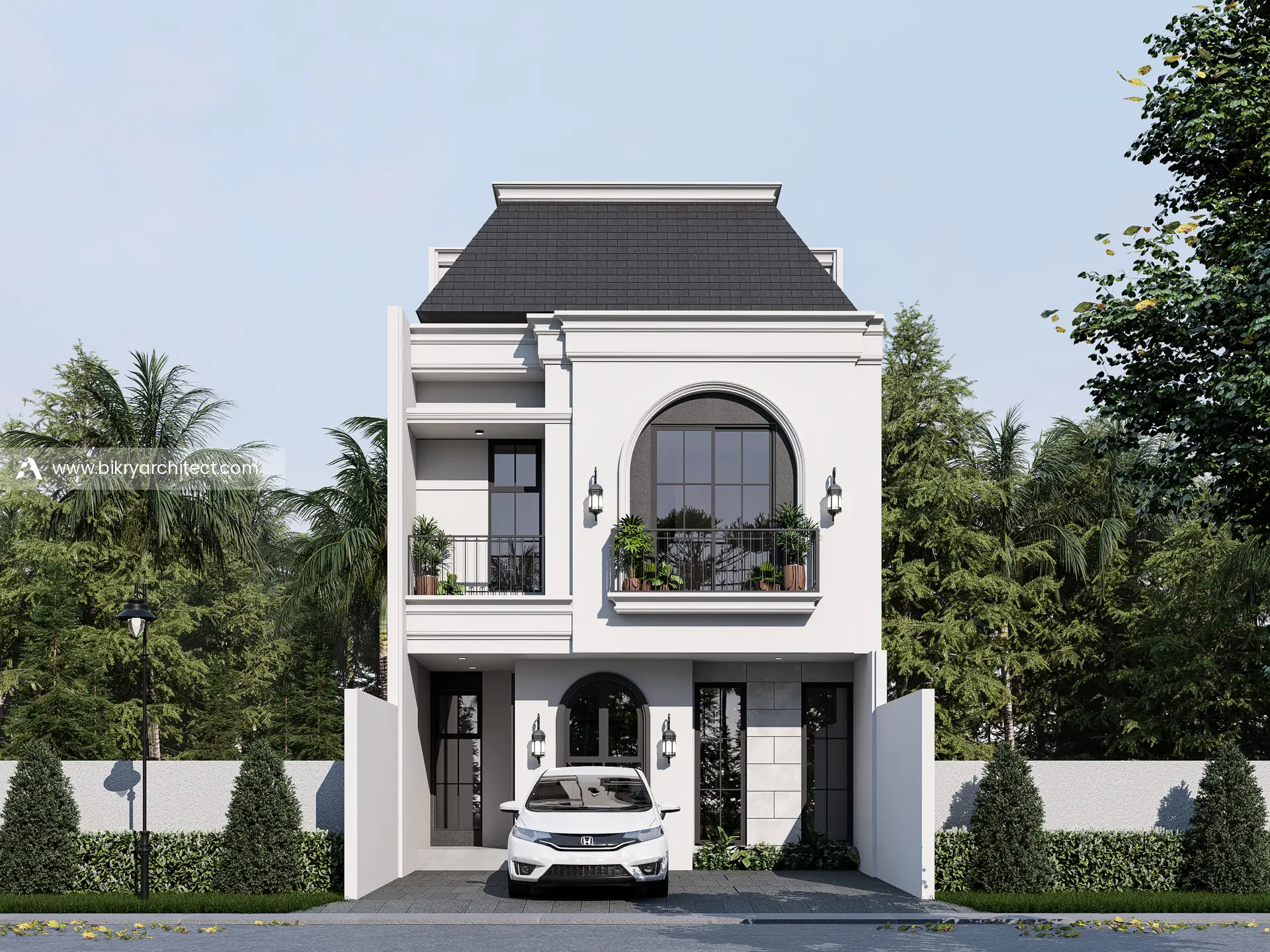 Fasad depan S House Jakarta Timur, rumah modern klasik 3 lantai putih dengan jendela lengkung dan atap perisai abu gelap