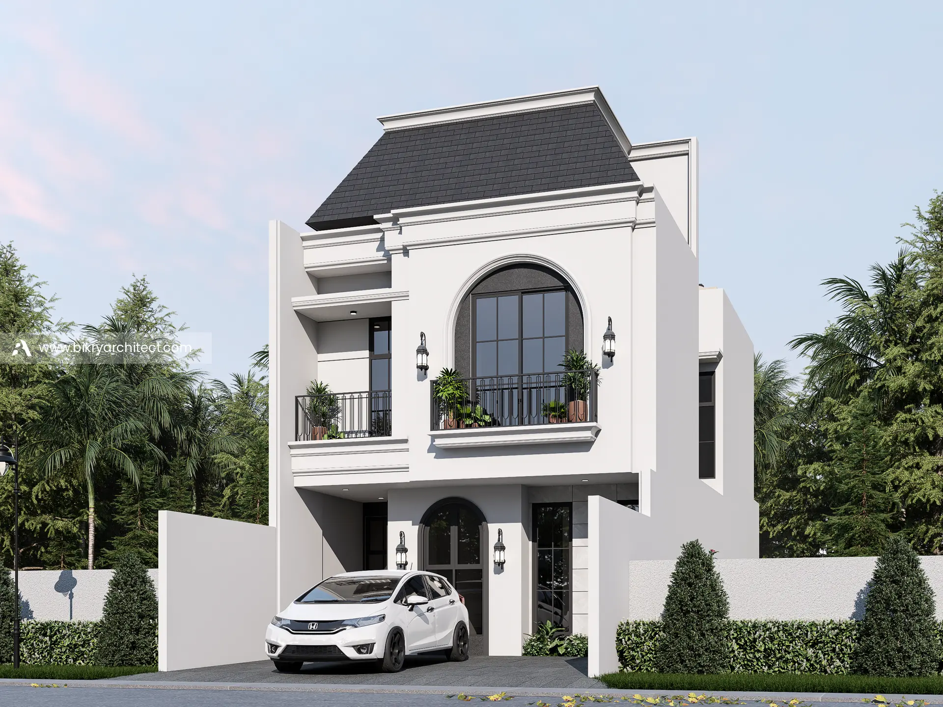 Perspektif sudut kiri rumah modern klasik 3 lantai dengan balkon besi hitam dan pagar samping putih