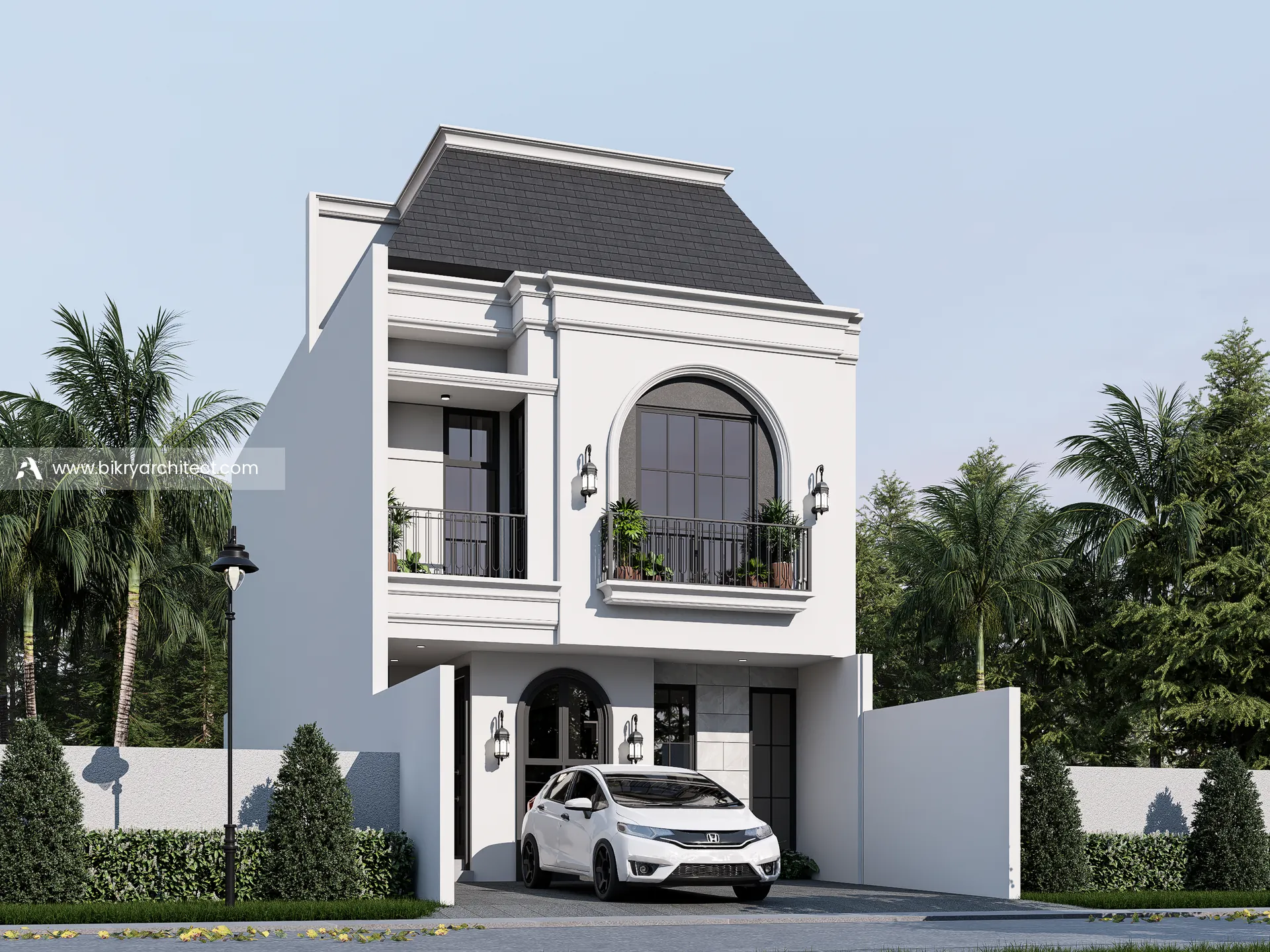 Perspektif sudut kanan rumah klasik 3 lantai dengan lampu dinding klasik, pot tanaman, dan carport