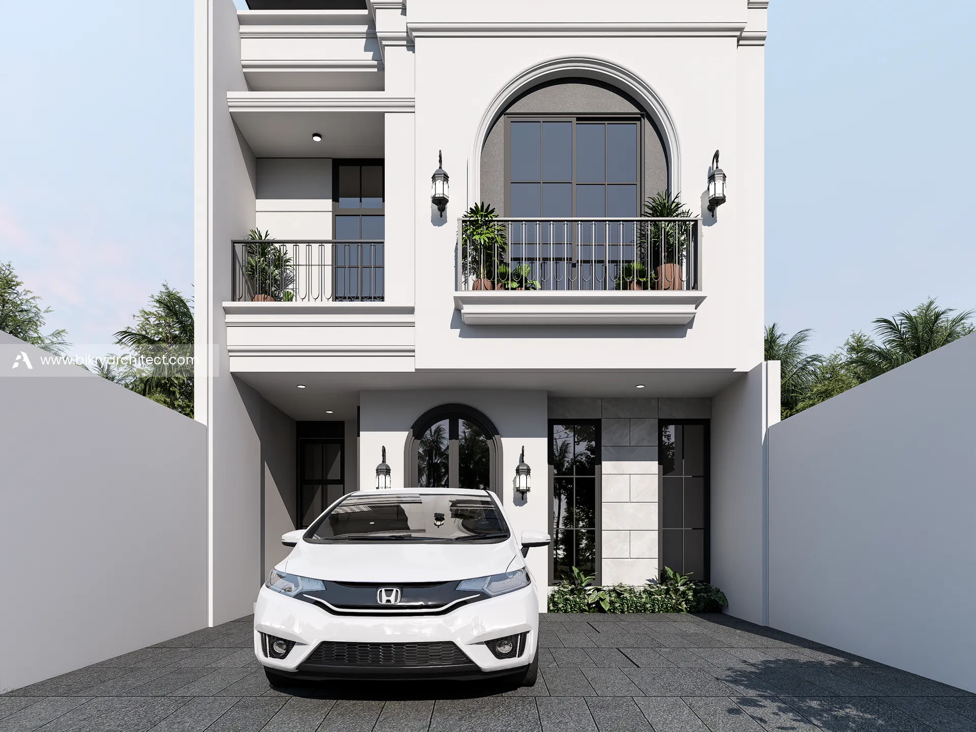 Detail lantai dasar dengan pintu berlengkung, panel dinding bergaris, dan carport di depan